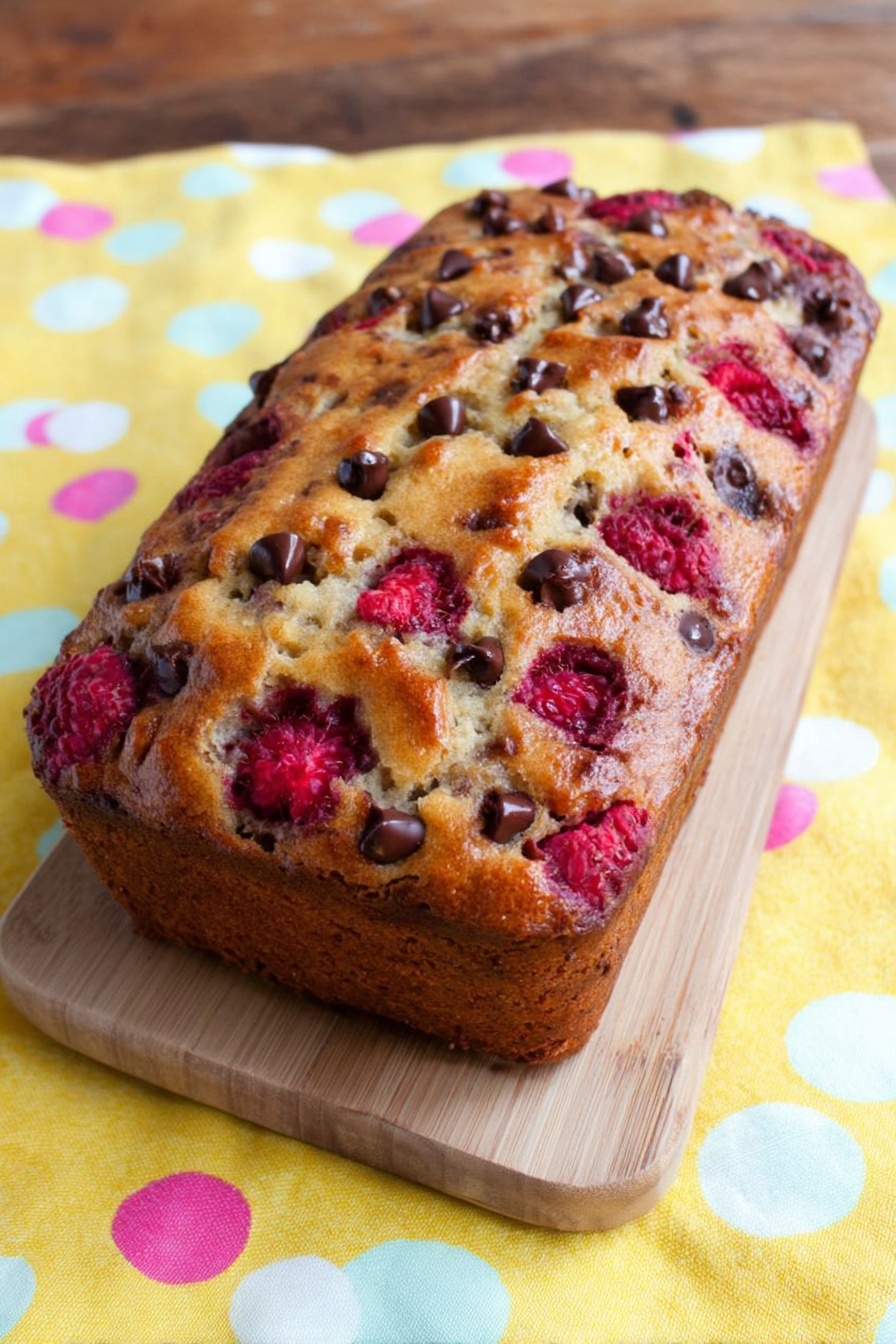 Raspberry Chocolate Banana Bread, Banana Bread with Raspberries and Chocolate, Moist Banana Bread Recipe, Easy Raspberry Banana Bread, Delicious Chocolate Banana Loaf - A rectangular loaf of cake with a golden brown top is studded with scattered dark chocolate chips and bright red raspberry pieces. The cake's texture looks soft and moist, with the raspberries and chocolate slightly sunk but clearly visible on the surface. The loaf sits on a wooden paddle board, which is placed on a yellow cloth with pink, white, and light blue polka dots. photo taken with an iphone --ar 2:3 --v 7
