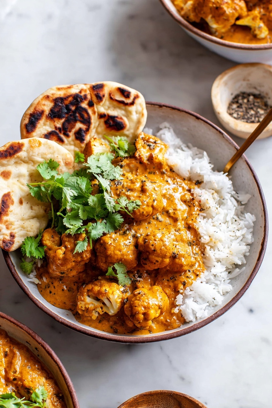 Creamy Butter Cauliflower Curry, flavorful vegetable curry, easy cauliflower curry recipe, vegetarian curry with butter, quick Indian-inspired curry - The image shows two bowls filled with white rice at the bottom, topped with a thick orange curry sauce with large cauliflower pieces mixed in. There is a dollop of white cream in the center on top of the curry in each bowl. Fresh green cilantro leaves are scattered over the curry for garnish. Each bowl has a piece of flatbread with a golden-brown toasted texture, placed on the side. One bowl has a patterned blue spoon resting inside it. The bowls are placed on a white marbled surface with a small bowl of white cream nearby. Photo taken with an iphone --ar 2:3 --v 7
