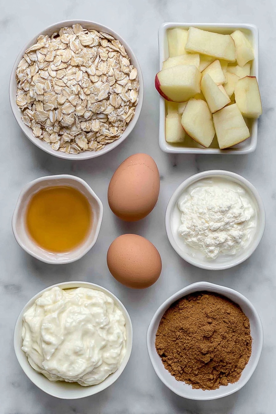 Healthy Apple Oatmeal Cake, healthy apple oatmeal cake, wholesome apple cake, gluten-free oatmeal dessert, nutritious fruit breakfast - Flat lay of a small pile of rolled oats, a large peeled apple chopped into chunks, a few whole brown eggs with clean shells, a small white ceramic bowl filled with golden honey, another small white bowl containing creamy yogurt, a small white bowl with softened butter, a neat mound of ground cinnamon powder, a small heap of fine baking powder, and a small heap of baking soda, arranged symmetrically on a clean white marble surface, soft natural light, photo taken with an iPhone, professional food photography style, fresh ingredients, white ceramic bowls, no bottles, no duplicates, no utensils, no packaging --ar 2:3 --v 7 --p m7354615311229779997