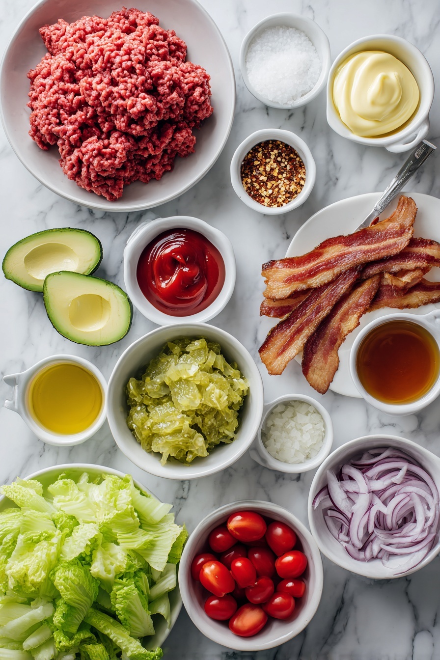 Loaded Burger Bowl with Special Sauce, burger bowl recipe, healthy burger bowl, easy burger bowl, quick dinner burger bowl - Flat lay of fresh lean ground beef shaped loosely in a mound, a small white ceramic bowl of pale yellow mayonnaise, a small white bowl with bright red ketchup, a small white bowl containing rich amber maple syrup, a small white bowl filled with green dill pickle relish, a small white bowl of light brown dried minced onion, a small white bowl with crushed red pepper flakes, a small white bowl of fine white salt, two medium ripe avocados halved and peeled with pits removed, a small white bowl of fresh lemon juice, a small white bowl of salt, a pile of thinly sliced vibrant red onions, two small heads of romaine lettuce with leaves roughly chopped, a cluster of halved glossy red cherry tomatoes, a small neat pile of pale green pickle chips, and several slices of thick-cut cooked bacon with crispy edges—all ingredients fresh and natural, arranged symmetrically in simple white ceramic bowls and plates, placed on a clean white marble surface, soft natural light, photo taken with an iPhone, professional food photography style, fresh ingredients, white ceramic bowls, no bottles, no duplicates, no utensils, no packaging --ar 2:3 --v 7 --p m7354615311229779997