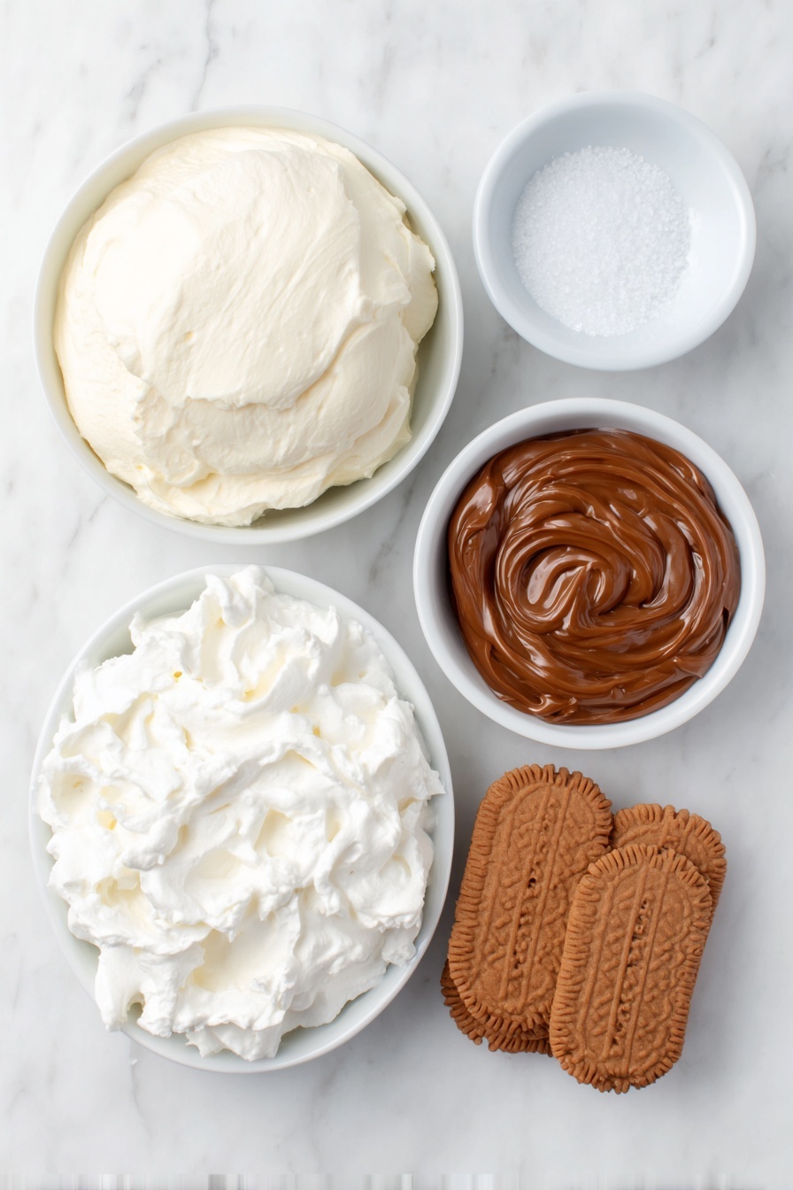 No-Bake Cookie Butter Icebox Cake, cookie butter dessert, no-bake layered cake, easy cookie butter cake, no-bake dessert recipes - Flat lay of a small mound of smooth, creamy mascarpone cheese, a small heap of white confectioner's sugar, a few whole Lotus Biscoff cookies arranged in a neat stack, a small white bowl filled with rich, glossy Lotus Biscoff spread, a larger white bowl of thick, softly whipped heavy cream with medium peaks, a small white bowl holding clear vanilla extract, and a small pinch of coarse kosher salt crystals scattered beside it, all placed on a clean white marble surface, soft natural light, photo taken with an iPhone, professional food photography style, fresh ingredients, white ceramic bowls, no bottles, no duplicates, no utensils, no packaging --ar 2:3 --v 7 --p m7354615311229779997
