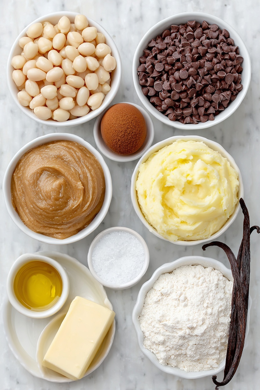 Chickpea Cookie Pie, Healthy Cookie Pie, Vegetarian Dessert, Protein-Packed Cookie Pie, Easy Dessert Recipes - Flat lay of two small white ceramic bowls, one filled with plump white garbanzo beans, the other with smooth golden brown chocolate chips; a small white bowl containing glossy light brown almond flour; another small white bowl with thick, pale applesauce; a small white bowl holding creamy golden nut butter; a cluster of three whole, uncracked brown eggs; a shallow white bowl with fine brown unrefined sugar; a small white bowl of light golden oil; a whole vanilla bean pod resting beside a small white bowl of white baking powder; a pinch of coarse white salt in a tiny white bowl; a small white bowl with sparkling white baking soda; all ingredients arranged symmetrically with perfect proportions, placed on a clean white marble surface, soft natural light, photo taken with an iPhone, professional food photography style, fresh ingredients, white ceramic bowls, no bottles, no duplicates, no utensils, no packaging --ar 2:3 --v 7 --p m7354615311229779997