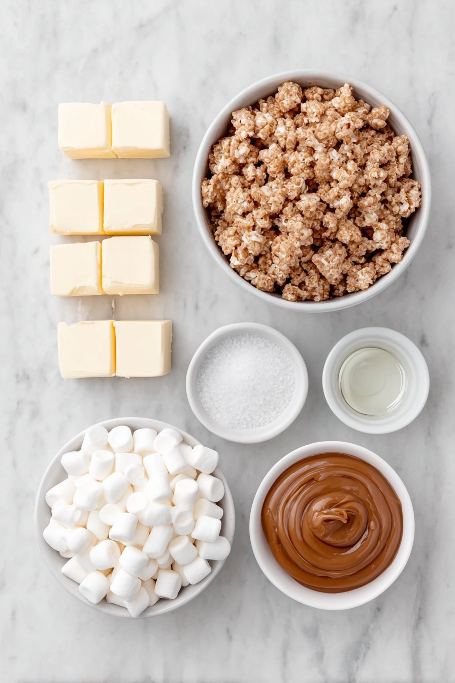 Brown Butter Dulce de Leche Rice Krispie Treats, gourmet Rice Krispie treats with brown butter, dulce de leche Rice Krispie bars, caramelized butter Rice Krispies, elevated Rice Krispie recipes - Flat lay of  a few golden cubes of fresh butter with some browned flecks, a small white ceramic bowl of fine-grain sea salt, a small white ceramic bowl piled high with soft white mini marshmallows, a large white ceramic bowl heaping with cinnamon sugar coated Rice Krispies cereal, a small white ceramic bowl filled with smooth caramel-colored dulce de leche, a small white ceramic bowl holding clear, pale vanilla extract, all arranged with perfect symmetry and realistic proportions, placed on a clean white marble surface, soft natural light, photo taken with an iPhone, professional food photography style, fresh ingredients, white ceramic bowls, no bottles, no duplicates, no utensils, no packaging --ar 2:3 --v 7 --p m7354615311229779997