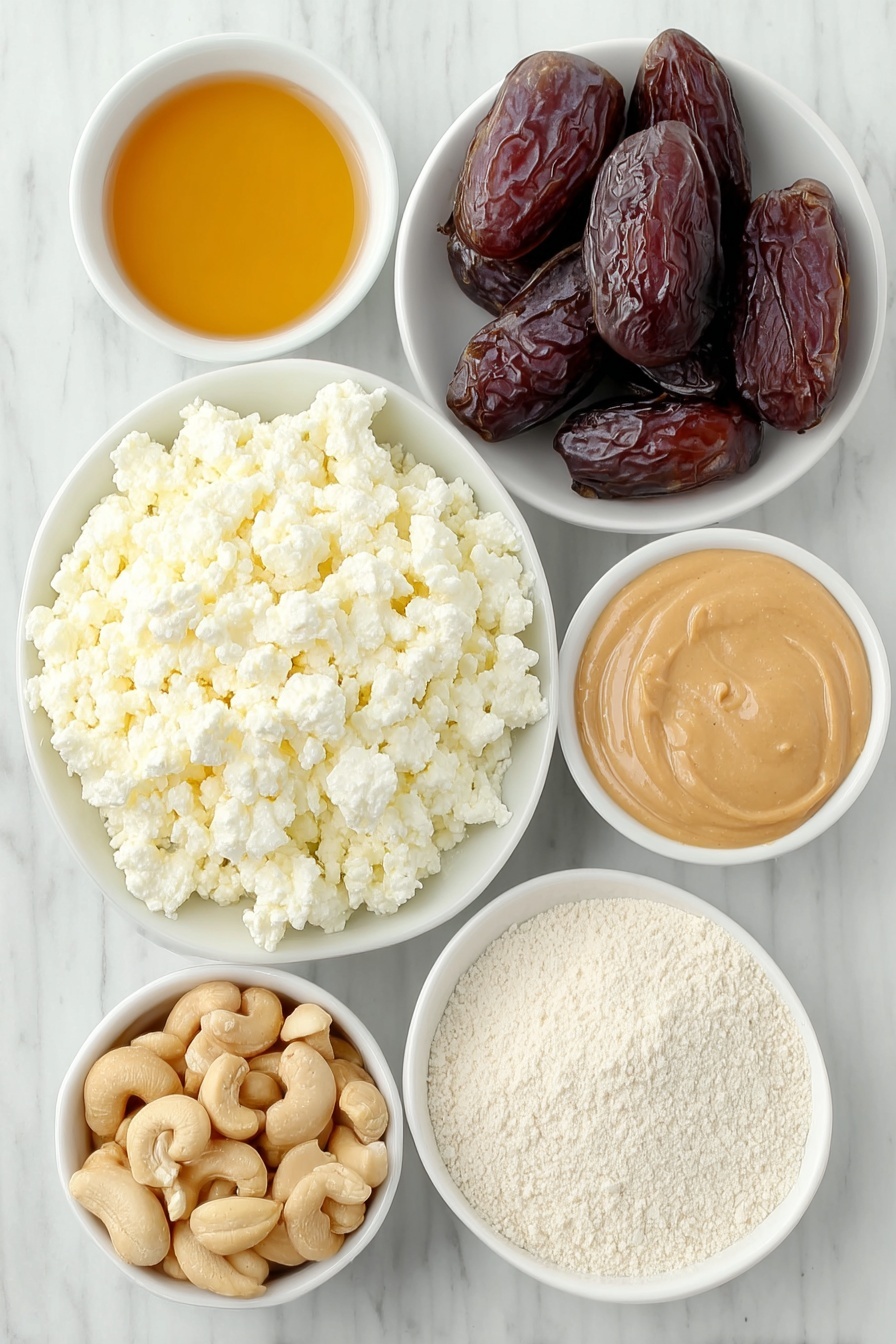 Salted Caramel Cottage Cheese Ice Cream, healthy ice cream alternatives, easy homemade ice cream, natural sweetened frozen dessert, creamy cottage cheese ice cream - Flat lay of a small white ceramic bowl of fresh, creamy cottage cheese, six glossy whole Medjool dates with wrinkled dark brown skins, a small white bowl filled with smooth golden maple syrup, a small white bowl containing light beige cashew butter, a small white bowl of creamy peanut butter, a small white bowl with melted coconut oil gleaming softly, a scattering of fine sea salt crystals, a vanilla bean pod beside a small white bowl of pure vanilla extract, and a small white bowl holding pale off-white vanilla protein powder all arranged symmetrically and balanced, placed on a clean white marble surface, soft natural light, photo taken with an iPhone, professional food photography style, fresh ingredients, white ceramic bowls, no bottles, no duplicates, no utensils, no packaging --ar 2:3 --v 7 --p m7354615311229779997