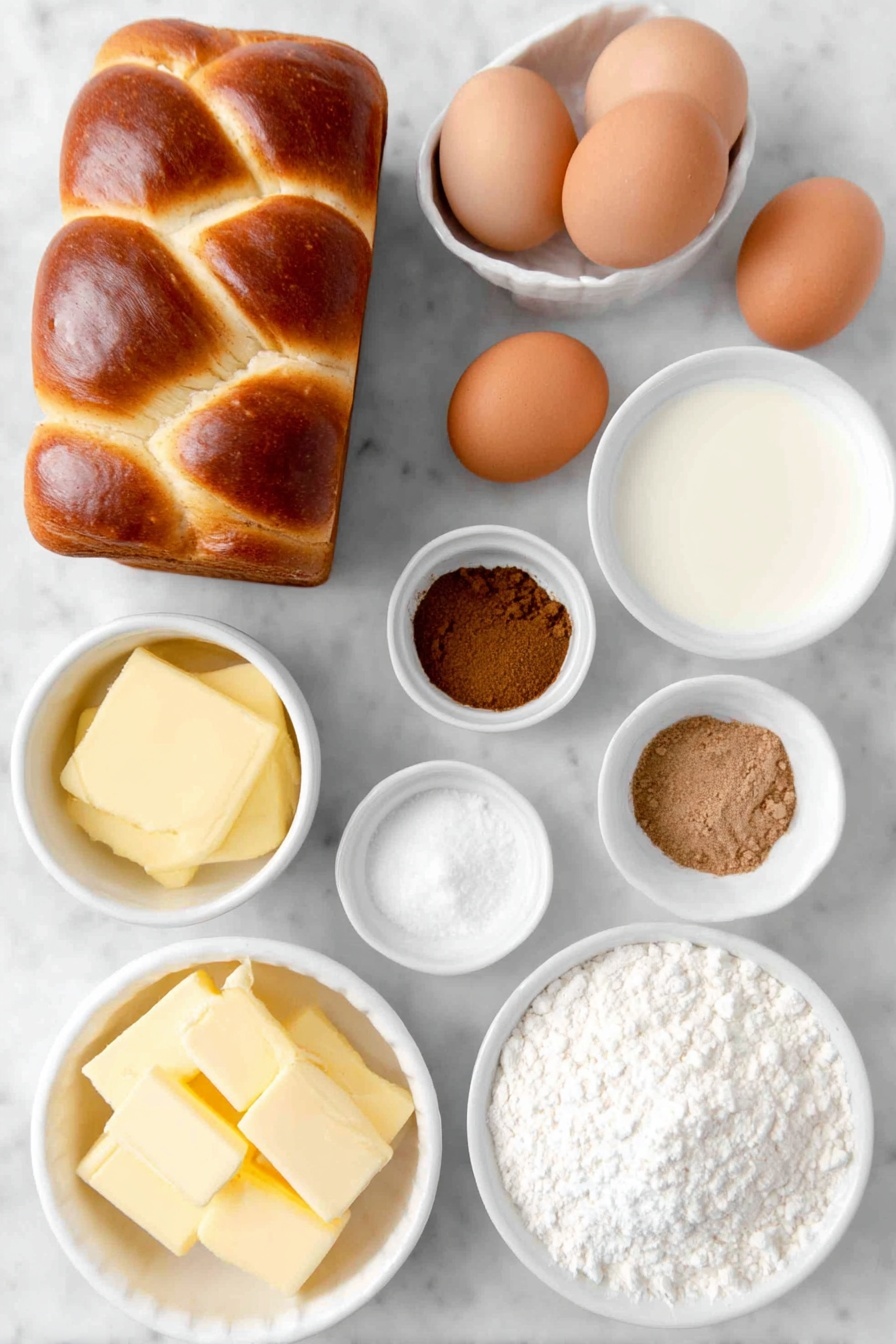 Cinnamon Roll French Toast, cinnamon roll breakfast ideas, easy cinnamon French toast, indulgent breakfast recipes, cinnamon toast casserole - Flat lay of a thick slice of cinnamon swirl bread showing its swirled cinnamon pattern, three whole brown eggs with clean shells, a small white ceramic bowl filled with fresh milk, a small white ceramic bowl containing ground cinnamon, a small white ceramic bowl with ground nutmeg, a small white ceramic bowl holding pale yellow softened butter, a small white ceramic bowl of powdered sugar, a small white ceramic bowl of vanilla extract liquid, placed on a clean white marble surface, soft natural light, photo taken with an iPhone, professional food photography style, fresh ingredients, white ceramic bowls, no bottles, no duplicates, no utensils, no packaging --ar 2:3 --v 7 --p m7354615311229779997