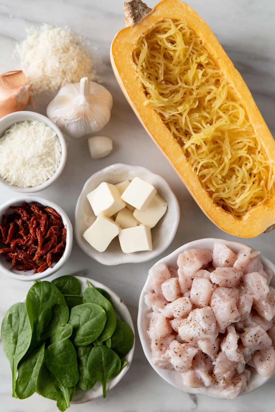 Tuscan Chicken with Spaghetti Squash, healthy Tuscan chicken recipes, low-carb chicken dinner, Italian chicken with spaghetti squash, easy Tuscan chicken meal - Flat lay of a medium whole spaghetti squash cut in half showing its seeds, a pile of bite-sized raw boneless skinless chicken pieces seasoned with salt, pepper, and Italian seasoning, two tablespoons of butter shaped into neat pats, four whole peeled garlic cloves, one whole shallot unpeeled, a small white ceramic bowl with thin julienne strips of sun-dried tomatoes, a small white ceramic bowl filled with heavy cream, a small white ceramic bowl with grated Parmesan cheese, a handful of fresh baby spinach leaves, a few sprigs of fresh parsley all arranged symmetrically on a clean white marble surface, soft natural light, photo taken with an iPhone, professional food photography style, fresh ingredients, white ceramic bowls, no bottles, no duplicates, no utensils, no packaging --ar 2:3 --v 7 --p m7354615311229779997