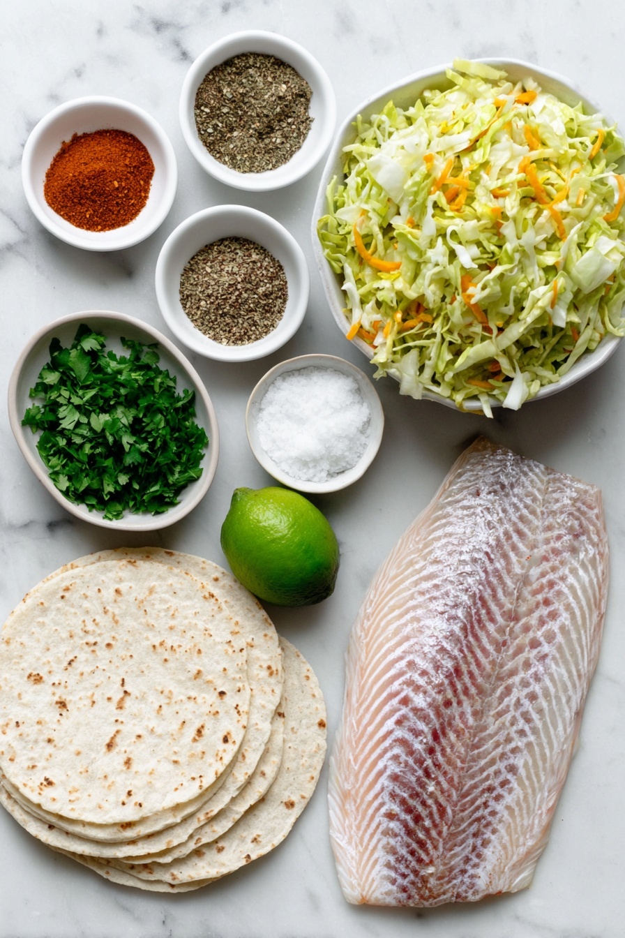 Air Fryer Fish Tacos with Cilantro Lime Slaw, fish tacos recipe, air fryer seafood tacos, healthy fish taco ideas, easy fish taco recipe - Flat lay of a fresh whole tilapia fish fillet with natural skin texture, a small pile of chili powder, oregano, garlic powder, paprika, cayenne pepper, onion powder, and cumin spices each in separate small white ceramic bowls, a small bowl of sea salt, a small bowl of cracked black pepper, a crisp cole slaw mix of shredded green and purple cabbage and carrots in a simple white bowl, a small white bowl with mayonnaise, a small white bowl holding bright green chopped cilantro, a halved fresh lime showing the juicy pulp, a whole peeled garlic clove, a white ceramic bowl with lime juice, soft white corn tortillas stacked neatly, all ingredients arranged symmetrically and with realistic proportions, placed on a clean white marble surface, soft natural light, photo taken with an iPhone, professional food photography style, fresh ingredients, white ceramic bowls, no bottles, no duplicates, no utensils, no packaging --ar 2:3 --v 7 --p m7354615311229779997