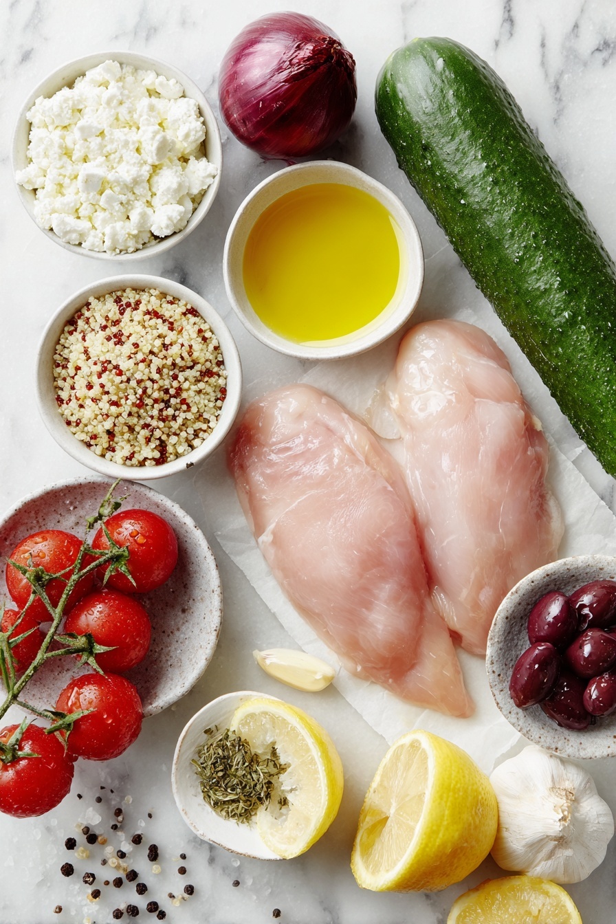 Greek Chicken Quinoa Bowls, Greek Chicken Bowl, Mediterranean Chicken Quinoa, Healthy Greek Bowls, Easy Quinoa Bowls - Flat lay of a small heap of uncooked quinoa grains, four raw boneless skinless chicken breasts with a natural pink tone, one whole English cucumber with deep green skin, four ripe Roma tomatoes with bright red skin, one medium red onion with smooth purple outer layers, a small white ceramic bowl of crumbled white feta cheese, a small white ceramic bowl of dark purple kalamata olives, two whole lemons—one cut in half showing juicy pulp, a small white ceramic bowl of golden olive oil, a small white ceramic bowl of light amber honey, one whole garlic bulb with papery white skin beside a few minced garlic cloves, a small white ceramic bowl with dried green oregano leaves, a small white ceramic bowl with dried light green basil leaves, a small white ceramic bowl of coarse kosher salt, a small white ceramic bowl of whole black peppercorns placed on a clean white marble surface, soft natural light, photo taken with an iPhone, professional food photography style, fresh ingredients, white ceramic bowls, no bottles, no duplicates, no utensils, no packaging --ar 2:3 --v 7 --p m7354615311229779997