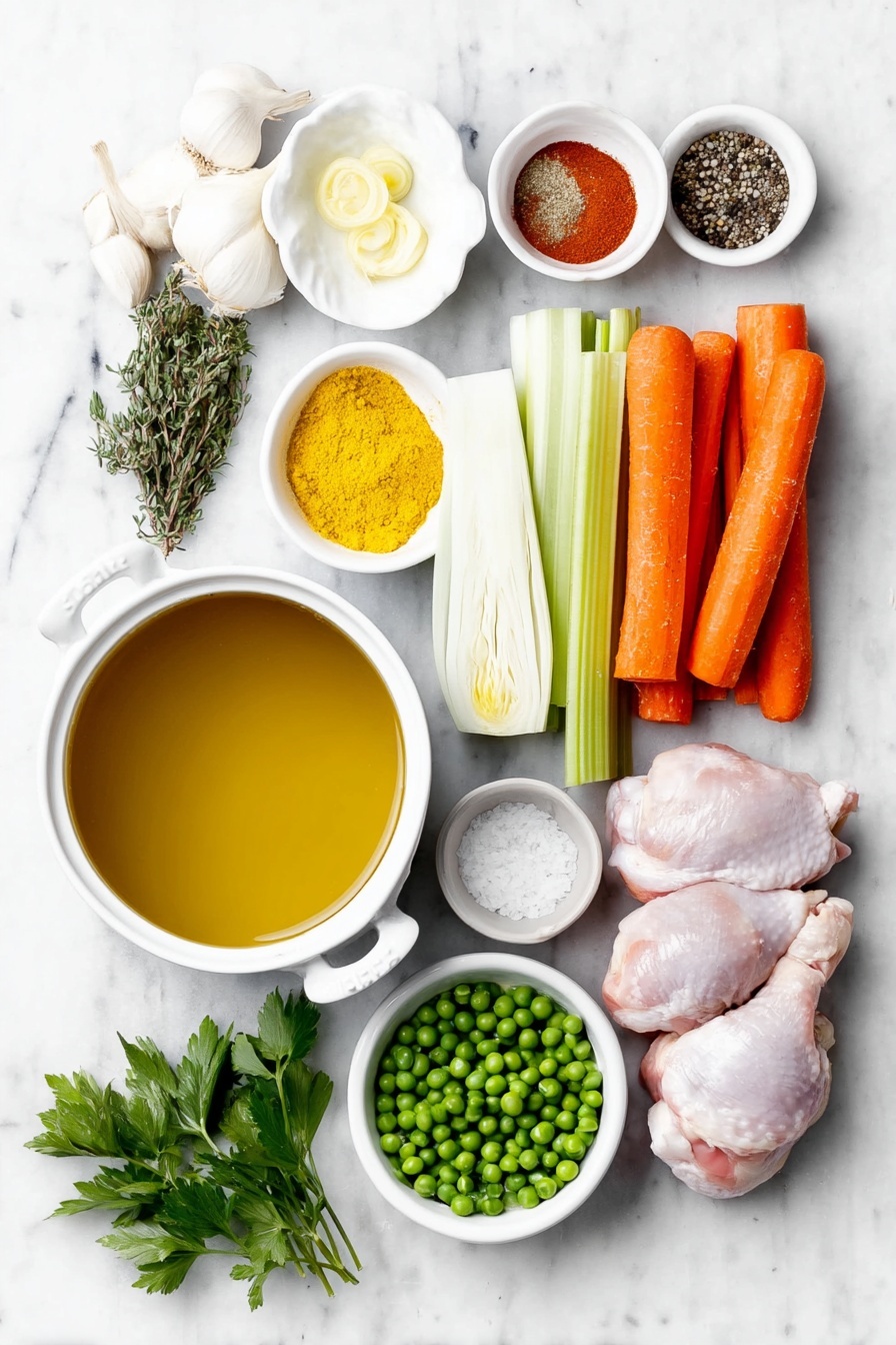 Turmeric Chicken Soup with Coconut Milk, healthy turmeric chicken soup, nourishing coconut milk soup, comforting spicy chicken soup, easy turmeric soup recipe - Flat lay of a small white ceramic bowl of golden olive oil, a medium whole yellow onion diced, a halved large leek showing white and light green parts thinly sliced, three fresh bright orange carrots thinly sliced, three crisp green celery stalks thinly sliced, three whole uncracked garlic cloves, a small white ceramic bowl with bright yellow turmeric powder, a small white ceramic bowl with a warm brown poultry seasoning blend, a large white ceramic bowl filled with rich golden chicken broth, a large white ceramic bowl with smooth white coconut milk, two raw boneless skinless chicken thighs with natural pinkish hue, a small white ceramic bowl of vibrant green frozen peas, a small bunch of fresh parsley with bright green leaves, a small white ceramic bowl of coarse kosher salt, a small white ceramic bowl of freshly ground black pepper placed on a clean white marble surface, soft natural light, photo taken with an iPhone, professional food photography style, fresh ingredients, white ceramic bowls, no bottles, no duplicates, no utensils, no packaging --ar 2:3 --v 7 --p m7354615311229779997