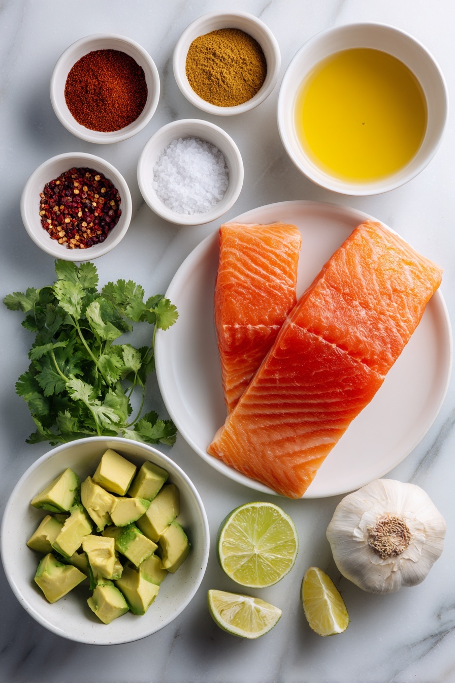 Spiced Salmon with Creamy Avocado Salsa, flavorful salmon dinner, healthy salmon recipes, quick salmon meals, easy avocado salsa recipe - Flat lay of a fresh salmon filet with bright orange-pink flesh and smooth skin, a small white bowl of smoked paprika powder in deep red color, a small white bowl of ground cumin in warm brown, a small white bowl of garlic powder in pale off-white, a small white bowl with coarse salt crystals, a small white bowl containing golden olive oil, a small white bowl with amber honey, three ripe green avocados diced into chunky cubes, a small bunch of fresh cilantro with vibrant green leaves, a small white bowl filled with clear pale red wine vinegar, a small white bowl holding bright green lime juice, a small white bowl with fiery red pepper flakes, a single whole garlic bulb with clean white papery skin, and a small white bowl with additional salt crystals, all carefully arranged in a perfectly symmetrical, realistic proportion flat lay, placed on a clean white marble surface, soft natural light, photo taken with an iPhone, professional food photography style, fresh ingredients, white ceramic bowls, no bottles, no duplicates, no utensils, no packaging --ar 2:3 --v 7 --p m7354615311229779997