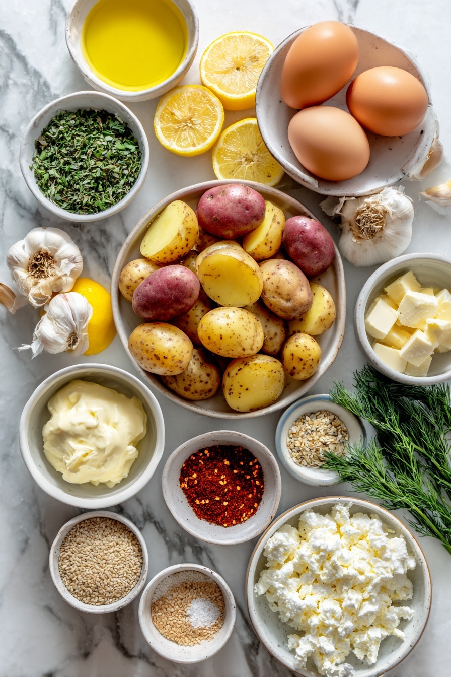 Crispy Oregano Roasted Potatoes with Feta Sauce, roasted potato recipes, crispy potato side dish, feta sauce recipes, cheesy roasted potatoes - Flat lay of halved mixed baby potatoes with their natural skin colors, quartered fresh lemon wedges with bright yellow rinds and juicy interiors, whole garlic cloves with their smooth white papery skins slightly smashed, a small white ceramic bowl filled with chopped fresh oregano leaves, a small white ceramic bowl holding vibrant mixed chopped herbs of basil, dill, and parsley, two whole uncracked brown eggs, a small white ceramic bowl of golden extra virgin olive oil, a small white ceramic bowl of creamy white crumbled feta cheese, a small white ceramic bowl with soft cream cheese, a small white ceramic bowl containing bright yellow honey, a small white ceramic bowl filled with pale beige sesame seeds, a small white ceramic bowl with deep red chili flakes, a small white ceramic bowl with smoky paprika powder, and a small white ceramic bowl of coarse kosher salt — all perfectly arranged in balanced symmetry on a clean white marble surface, soft natural light, photo taken with an iPhone, professional food photography style, fresh ingredients, white ceramic bowls, no bottles, no duplicates, no utensils, no packaging --ar 2:3 --v 7 --p m7354615311229779997