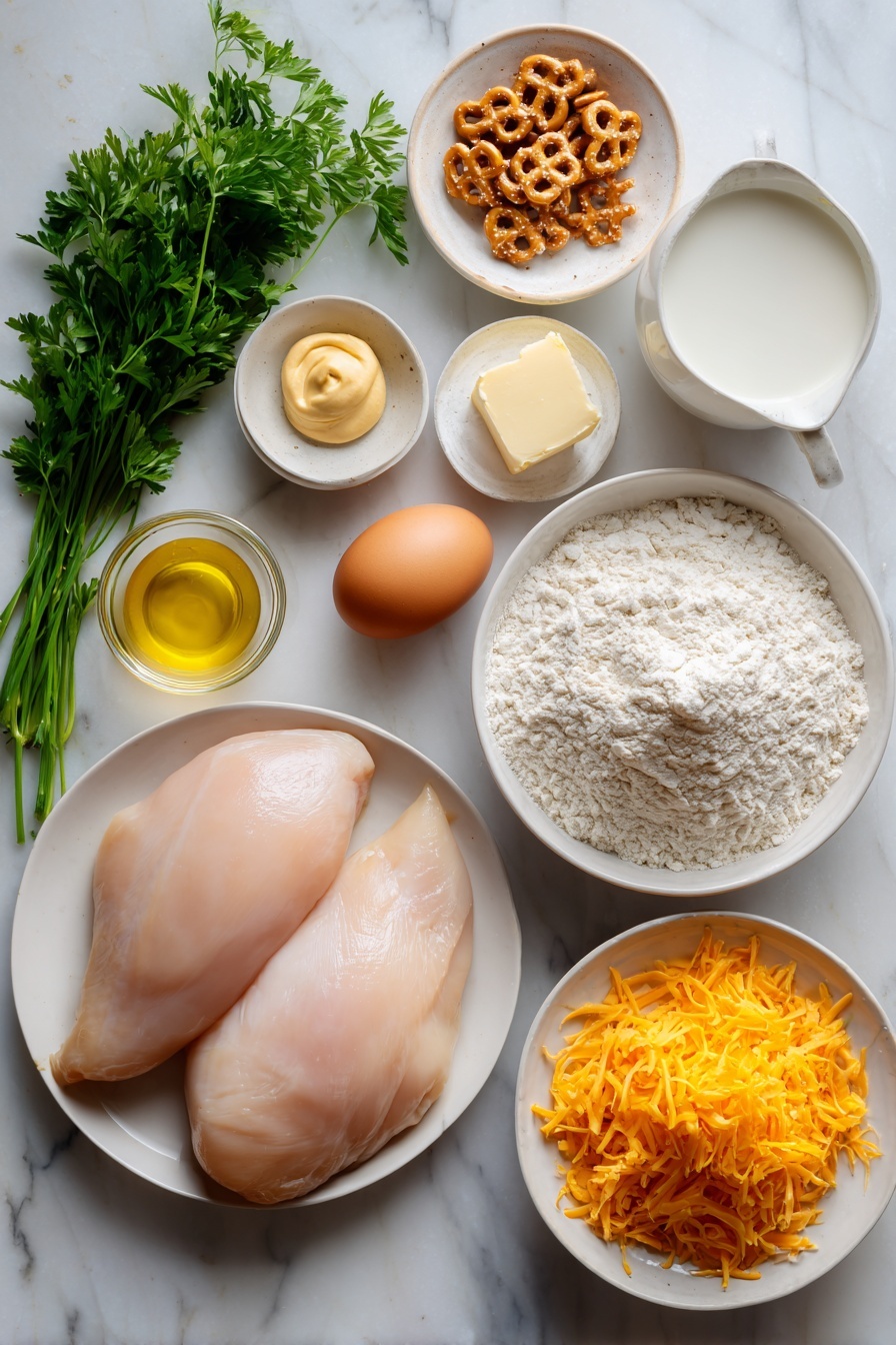 Pretzel Crusted Chicken with Cheddar Sauce, crispy chicken with pretzel crust, cheesy chicken recipe, easy baked chicken with cheese, indulgent chicken dinner - Flat lay of two raw boneless skinless chicken breasts, a small pile of crushed salted pretzels, a small mound of plain white flour, a small white bowl with whole uncracked brown egg, a small white bowl of neutral clear oil, a few sprigs of fresh green parsley, a small white bowl of pale yellow butter, a small white bowl of smooth Dijon mustard, a small white bowl of fresh white milk, a small pile of shredded bright orange cheddar cheese, all arranged symmetrically with balanced proportions on simple white ceramic dishes and bowls, placed on a clean white marble surface, soft natural light, photo taken with an iPhone, professional food photography style, fresh ingredients, white ceramic bowls, no bottles, no duplicates, no utensils, no packaging --ar 2:3 --v 7 --p m7354615311229779997