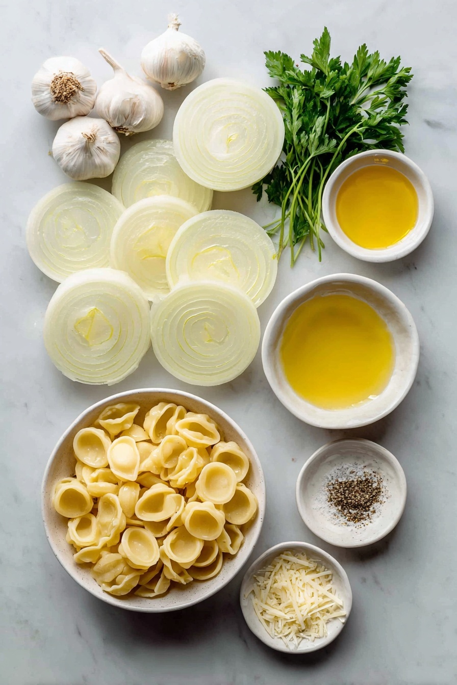 French Onion Pasta with Melted Gruyere, caramelized onion pasta, cheesy pasta recipes, savory onion pasta dish, easy gourmet pasta - Flat lay of three large yellow onions sliced into thin rings arranged neatly, four whole uncracked garlic cloves, a small pile of fresh parsley sprigs, two small white ceramic bowls—one filled with golden olive oil and the other with melted unsalted butter, a small white bowl containing pale evaporated milk, a simple heap of uncooked orecchiette pasta, a pristine small mound of freshly shredded Gruyere cheese, a smaller portion of freshly shredded Parmesan cheese, and a tiny white bowl with coarse sea salt and ground black pepper mixed evenly, all symmetrically placed on a clean white marble surface, soft natural light, photo taken with an iPhone, professional food photography style, fresh ingredients, white ceramic bowls, no bottles, no duplicates, no utensils, no packaging --ar 2:3 --v 7 --p m7354615311229779997