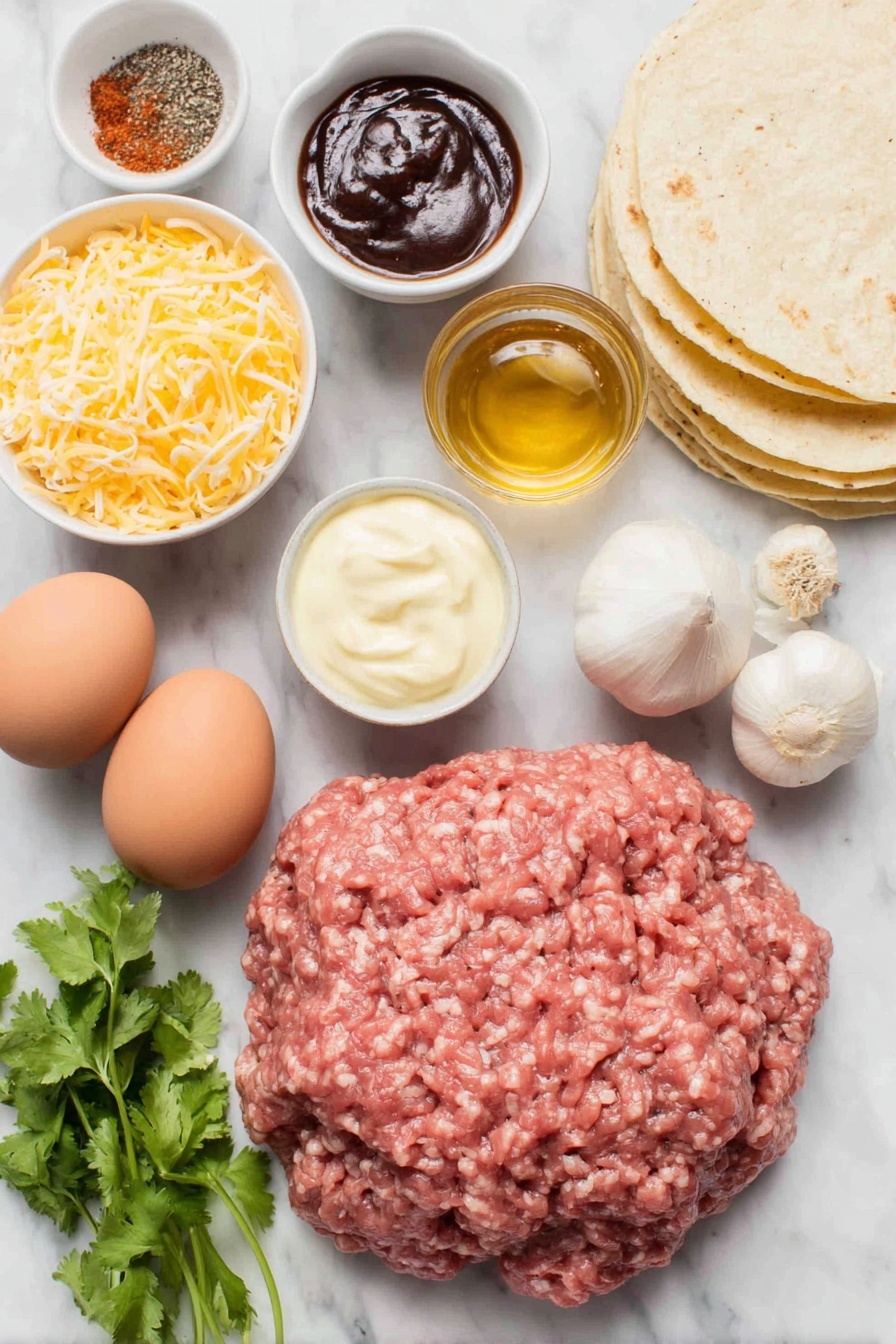 Garlic Honey BBQ Tacos, honey BBQ tacos, smoky garlic tacos, easy taco recipes, flavorful weeknight dinner - Flat lay of a small mound of fresh ground beef, two uncracked brown eggs, two cloves of whole garlic, a small white bowl of golden honey, a small white bowl of dark reddish BBQ sauce, a small white bowl of creamy mayonnaise, a small white bowl of smoked paprika powder, a pinch of coarse salt crystals, a few cracked black peppercorns, six soft corn tortillas stacked neatly, a small pile of shredded bright orange cheddar cheese, and a small bunch of fresh green cilantro sprigs, all arranged symmetrically and naturally placed on a clean white marble surface, soft natural light, photo taken with an iPhone, professional food photography style, fresh ingredients, white ceramic bowls, no bottles, no duplicates, no utensils, no packaging --ar 2:3 --v 7 --p m7354615311229779997