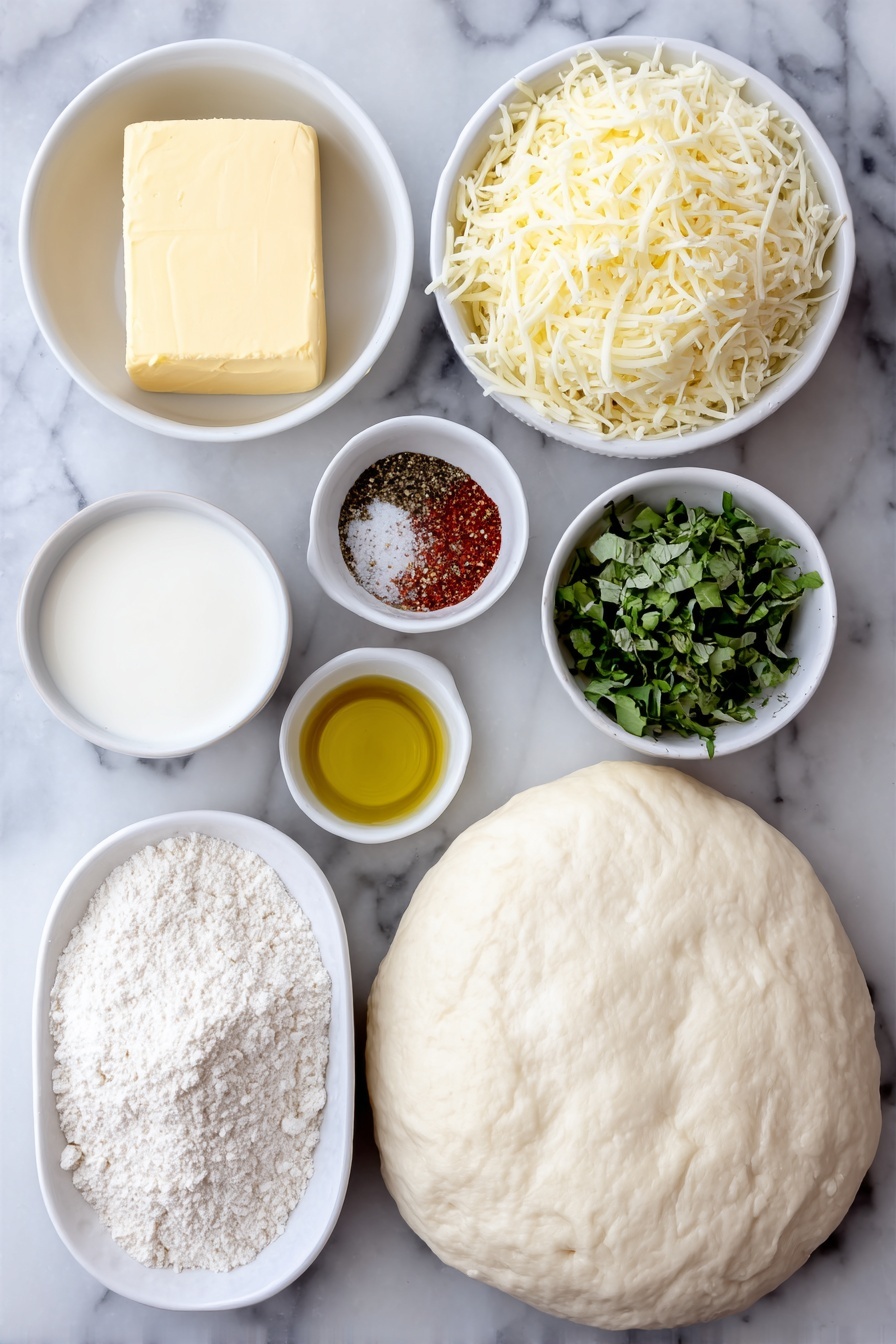 Garlic White Pizza with Parmesan, garlic white pizza, cheesy garlic pizza, white pizza with parmesan, easy garlic pizza recipe - Flat lay of a small slab of unsalted butter, a small white bowl of all-purpose flour, a small white bowl of whole milk, a pinch of sea salt in a tiny white bowl, a pinch of black pepper in a tiny white bowl, three fresh garlic cloves, a small white bowl of freshly grated parmesan cheese, a round homemade pizza dough crust, a mound of low-moisture shredded mozzarella cheese, a small white bowl of Italian seasoning, a small white bowl of olive oil, and a small pile of fresh basil chiffonade all arranged symmetrically on a clean white marble surface, soft natural light, photo taken with an iPhone, professional food photography style, fresh ingredients, white ceramic bowls, no bottles, no duplicates, no utensils, no packaging --ar 2:3 --v 7 --p m7354615311229779997