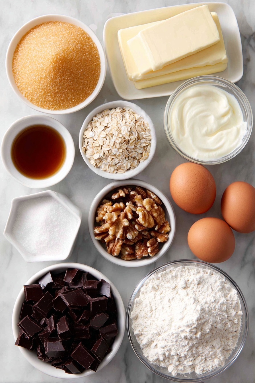 Salted Caramel Chocolate Chip Oat Bars, Easy caramel oat bars, Chewy chocolate chip oat bars, No-bake dessert bars, Salted caramel snack bars - Flat lay of a small mound of golden granulated sugar, a small white bowl of clear water, several thick slices of pale unsalted butter, a small white bowl of creamy heavy cream, a small white bowl of amber vanilla extract, a small white bowl holding coarse kosher salt, a small pile of pale all purpose flour, a small white bowl of quick oats, a small heap of golden dark brown sugar, two whole clean brown eggs, a small white bowl of semisweet chocolate chips, a small white bowl of dark chocolate chips, a small pile of finely chopped walnuts, and a small white bowl of flaky sea salt, all arranged in perfect symmetry, placed on a clean white marble surface, soft natural light, photo taken with an iPhone, professional food photography style, fresh ingredients, white ceramic bowls, no bottles, no duplicates, no utensils, no packaging --ar 2:3 --v 7 --p m7354615311229779997