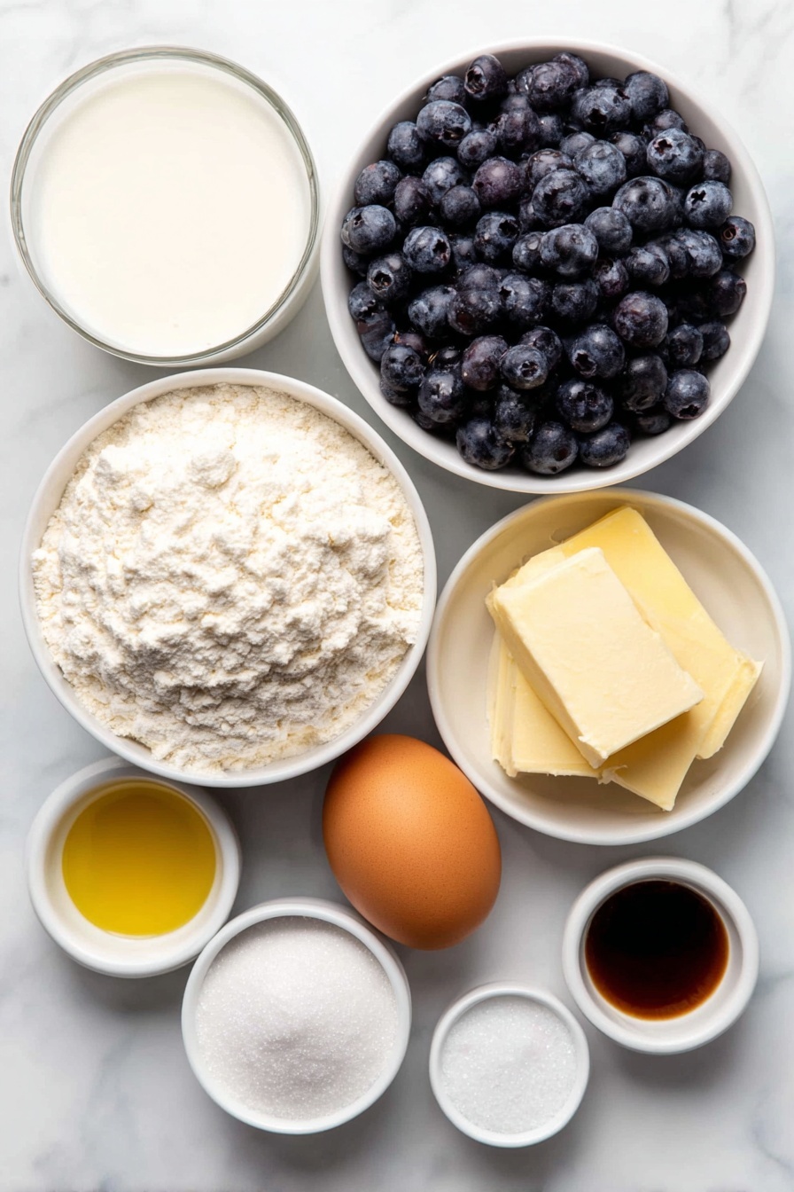 Wild Blueberry Cake Donuts, blueberry baked donuts, wild blueberry dessert, easy blueberry donut recipe, blueberry glaze donuts - Flat lay of a small pile of fresh wild blueberries, a small white ceramic bowl filled with granulated sugar, a small white ceramic bowl with whole milk, a single large brown egg with a clean shell, a small white ceramic bowl containing melted butter, a small white ceramic bowl with vanilla extract, a small white ceramic bowl of sifted all-purpose flour, a small white ceramic bowl with baking powder, a small white ceramic bowl with table salt, a small white ceramic bowl of powdered sugar, all arranged in perfect symmetry on a clean white marble surface, soft natural light, photo taken with an iPhone, professional food photography style, fresh ingredients, white ceramic bowls, no bottles, no duplicates, no utensils, no packaging --ar 2:3 --v 7 --p m7354615311229779997