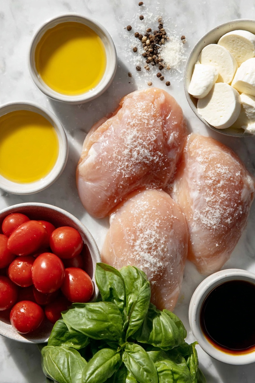 Chicken Caprese Skillet, Caprese Chicken Dinner, Easy Chicken Skillet Recipe, Summer Chicken Recipes, One-Pan Chicken Meal - Flat lay of four raw boneless skinless chicken breasts, a few pinches of kosher salt and scattered freshly ground black peppercorns, two small white ceramic bowls each holding golden olive oil, three whole uncracked garlic cloves, a simple white ceramic bowl filled with halved bright red cherry tomatoes, a few large vibrant green basil leaves, several thick slices of fresh white buffalo mozzarella arranged neatly, and a small white ceramic bowl of dark glossy balsamic vinegar, all arranged symmetrically and balanced, placed on a clean white marble surface, soft natural light, photo taken with an iPhone, professional food photography style, fresh ingredients, white ceramic bowls, no bottles, no duplicates, no utensils, no packaging --ar 2:3 --v 7 --p m7354615311229779997