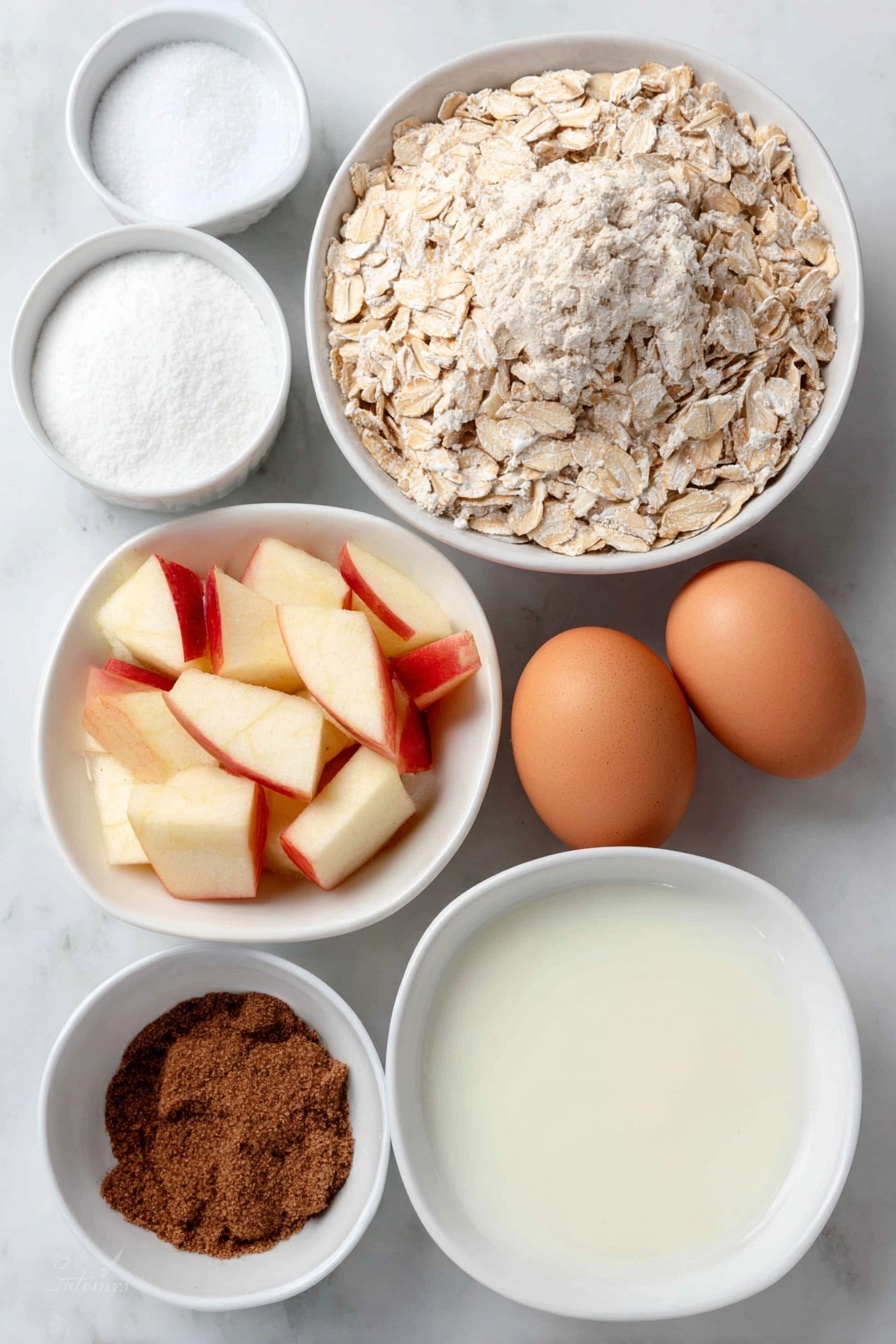 Apple Cinnamon Baked Oatmeal, healthy breakfast oatmeal, cozy breakfast ideas, easy baked oatmeal recipe, wholesome apple cinnamon oats - Flat lay of a small mound of old fashioned oats, a small white bowl of white sugar, a small white bowl of packed brown sugar, a small white bowl of baking powder, a small white bowl of ground cinnamon, a small white bowl of table salt, a small white bowl of milk, two whole brown eggs with clean shells, a small white bowl of vanilla extract, a small white bowl of melted salted butter, fresh peeled apple chunks arranged neatly on a simple white ceramic plate, placed on a clean white marble surface, soft natural light, photo taken with an iPhone, professional food photography style, fresh ingredients, white ceramic bowls, no bottles, no duplicates, no utensils, no packaging --ar 2:3 --v 7 --p m7354615311229779997