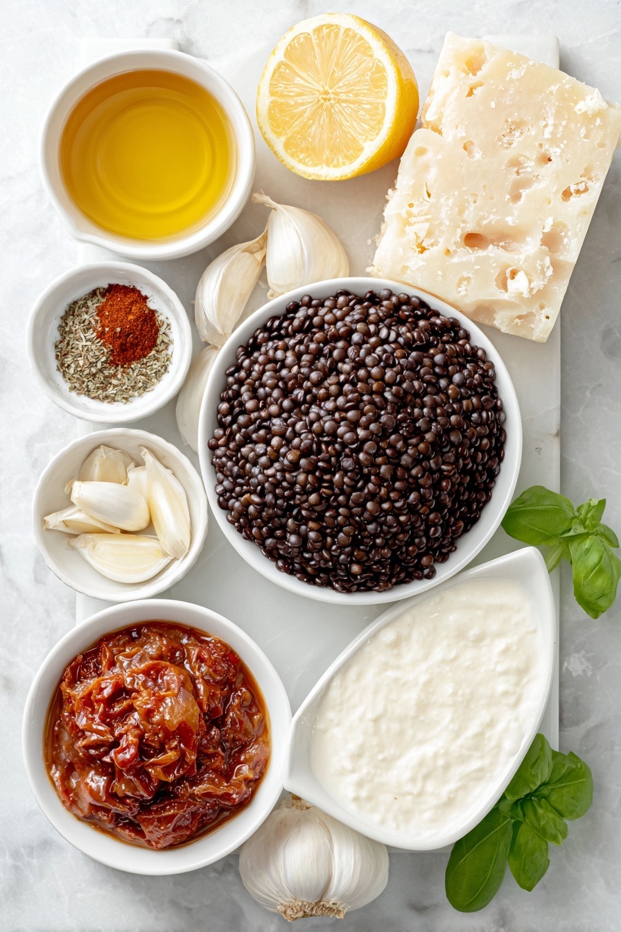 Creamy Lentil Pasta with Sun-Dried Tomatoes, Lentil Pasta with Sun-Dried Tomatoes, Plant-Based Lentil Pasta Recipe, Creamy Vegan Pasta, Easy Lentil Pasta dinner - Flat lay of a small mound of dry black lentils, a small white ceramic bowl of deep red tomato paste, a handful of chopped sun dried tomatoes, a small white bowl with golden oil from sundried tomatoes, a small red onion whole and unpeeled, six whole uncracked garlic cloves arranged neatly, a small white bowl of fennel seeds, a small white bowl holding smoked paprika powder, a small white bowl filled with Italian seasoning herbs, a small white bowl of vegetable stock, a small white bowl of thick heavy cream, a wedge of lemon showing bright yellow peel and juicy interior, a small bunch of fresh green basil leaves, a block of Italian hard cheese with a fine grater beside it on white ceramic plate—all ingredients fresh and natural, balanced perfectly with symmetry, placed on a clean white marble surface, soft natural light, photo taken with an iPhone, professional food photography style, fresh ingredients, white ceramic bowls, no bottles, no duplicates, no utensils, no packaging --ar 2:3 --v 7 --p m7354615311229779997