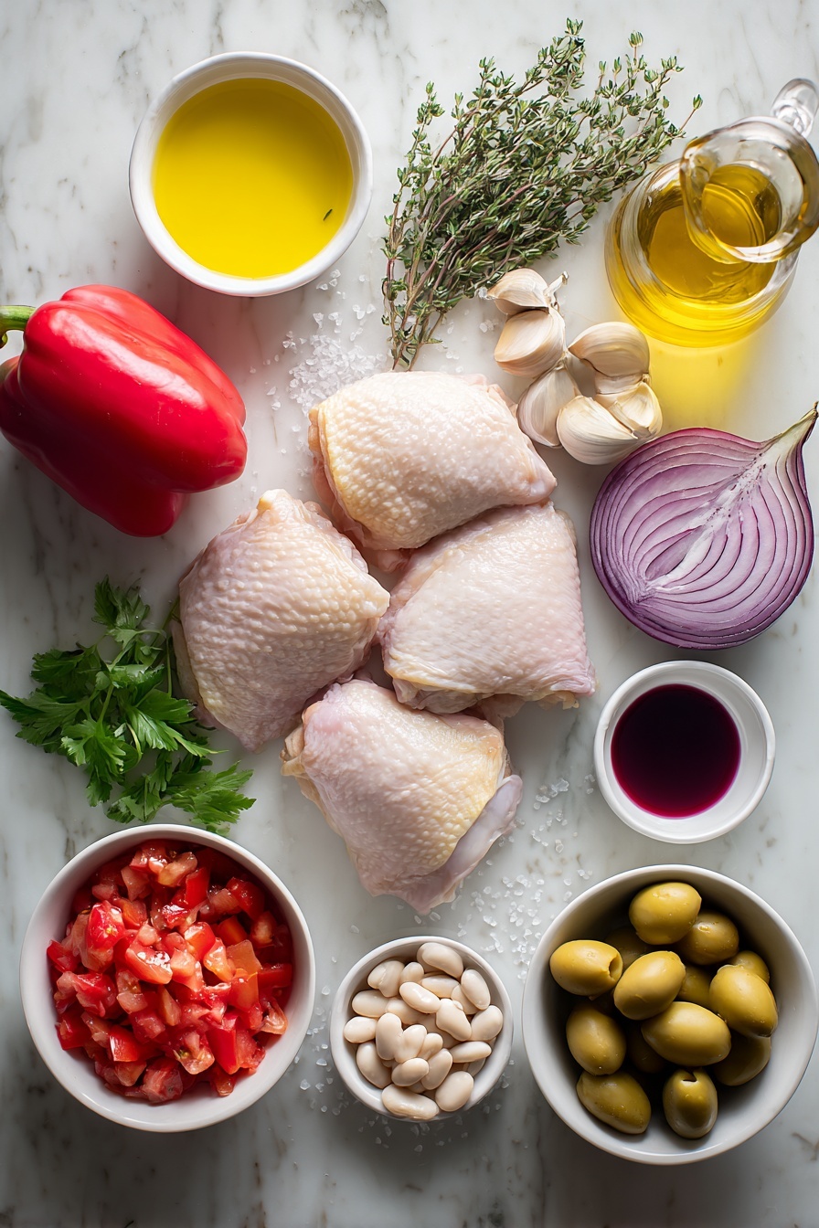 Spanish Chicken in Bravas Sauce, Spanish Chicken with Bravas Sauce, flavorful Spanish chicken dish, spicy chicken dinner, easy Spanish chicken recipe - Flat lay of fresh raw chicken thighs with smooth skin, a small mound of coarse sea salt crystals, a white ceramic bowl with bright golden olive oil, a whole red bell pepper sliced lengthwise showing its seeds, a chopped yellow onion with white and purple layers, a few fresh thyme sprigs with tiny green leaves, several garlic cloves sliced thinly, a small white bowl filled with vibrant chopped red tomatoes, a small white bowl of clear water, a small white bowl holding deep red wine vinegar, a small white bowl filled with plump white cannellini beans, a small white bowl with shiny green olives, and a few sprigs of fresh flat-leaf parsley with bright green leaves, all arranged symmetrically on a clean white marble surface, soft natural light, photo taken with an iPhone, professional food photography style, fresh ingredients, white ceramic bowls, no bottles, no duplicates, no utensils, no packaging --ar 2:3 --v 7 --p m7354615311229779997