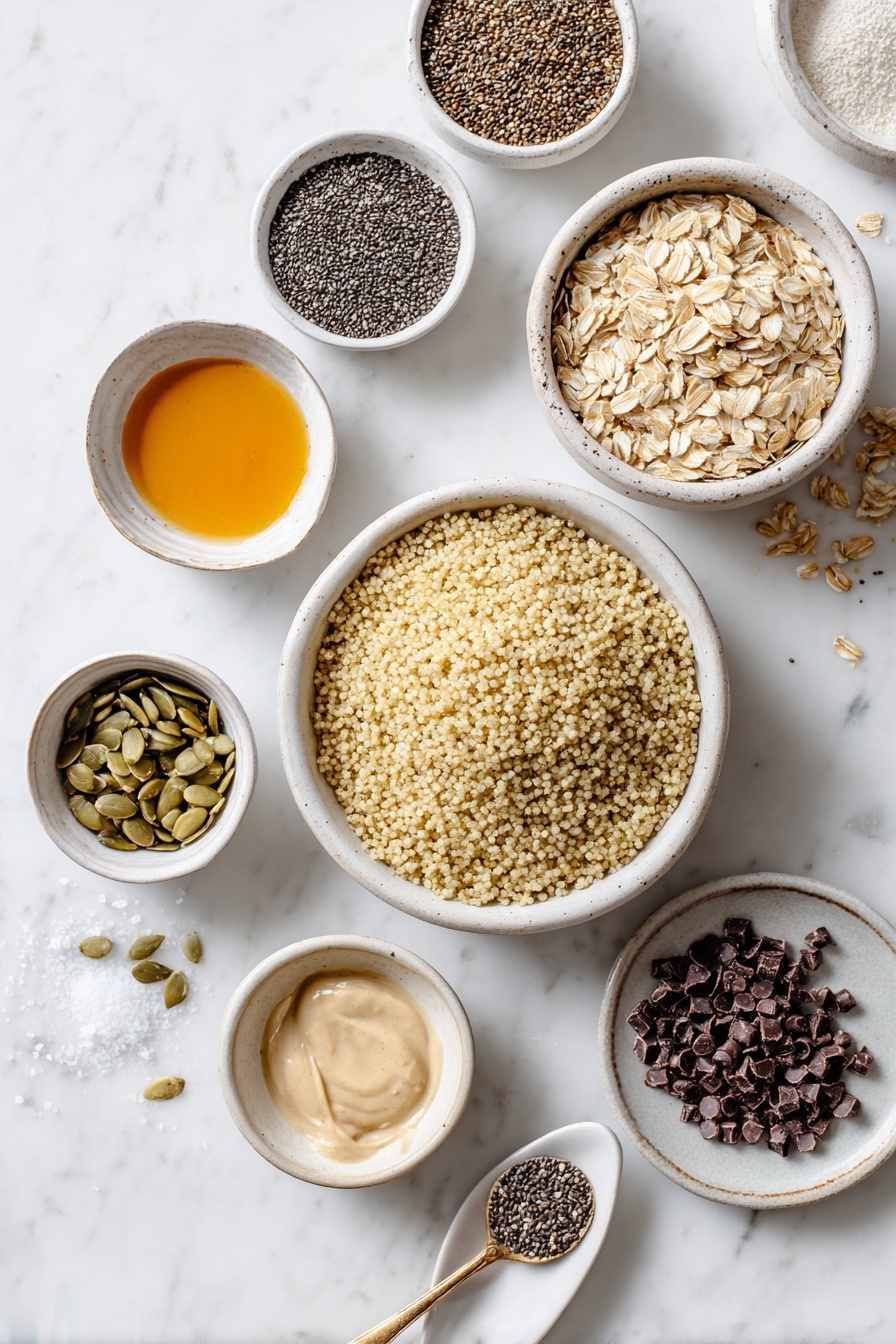 Quinoa Breakfast Cookies with Seeds, healthy breakfast cookies, nutritious seed cookies, quick breakfast recipes, wholesome seed snack - Flat lay of cooked fluffy quinoa grains in a simple white ceramic bowl, a small pile of rolled oats on a white ceramic plate, raw pumpkin seeds scattered neatly on a white ceramic dish, a small white bowl filled with hulled hemp seeds, a small white bowl holding shiny black chia seeds, creamy thick tahini in a small white bowl showing a drippy texture, a small white bowl of golden maple syrup, a pinch of sea salt grains arranged delicately on a white ceramic spoon-shaped dish, a small heap of semisweet chocolate chips on a white ceramic plate, all placed on a clean white marble surface, soft natural light, photo taken with an iPhone, professional food photography style, fresh ingredients, white ceramic bowls, no bottles, no duplicates, no utensils, no packaging --ar 2:3 --v 7 --p m7354615311229779997