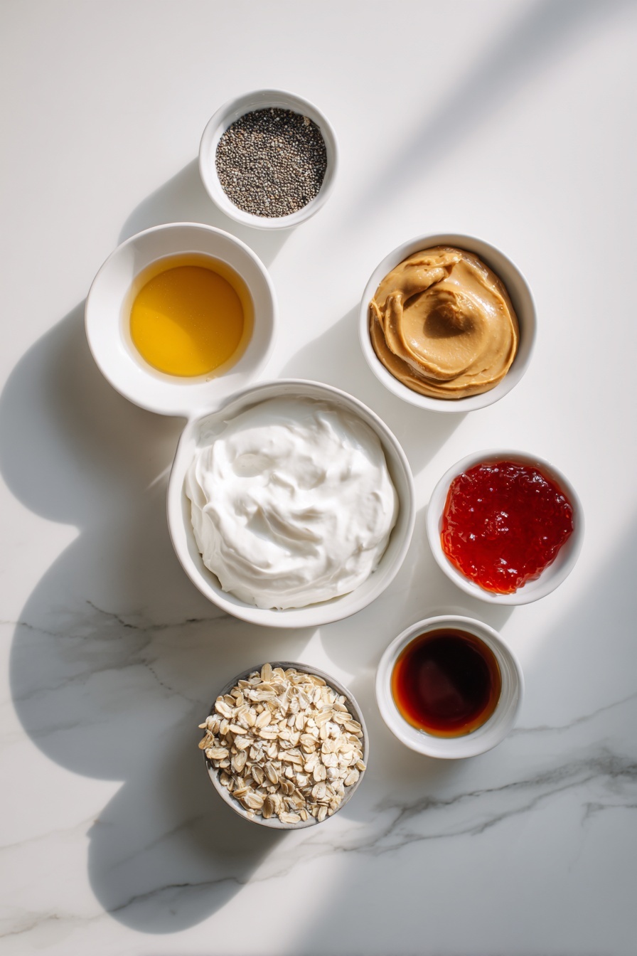 Peanut Butter and Jelly Overnight Oats, breakfast ideas, healthy overnight oats, quick breakfast recipes, protein-packed morning meals - Flat lay of a small mound of creamy plain Greek yogurt, a small white bowl filled with smooth almond milk, a small white bowl holding rich, creamy peanut butter, a small white bowl with golden honey glistening under natural light, a small white bowl containing pure vanilla extract, a neat pile of old fashioned oats, a small white bowl with tiny black chia seeds, and a small white bowl with glossy red jelly or jam, all arranged in perfect symmetry on a clean white ceramic surface, placed on a clean white marble surface, soft natural light, photo taken with an iPhone, professional food photography style, fresh ingredients, white ceramic bowls, no bottles, no duplicates, no utensils, no packaging --ar 2:3 --v 7 --p m7354615311229779997