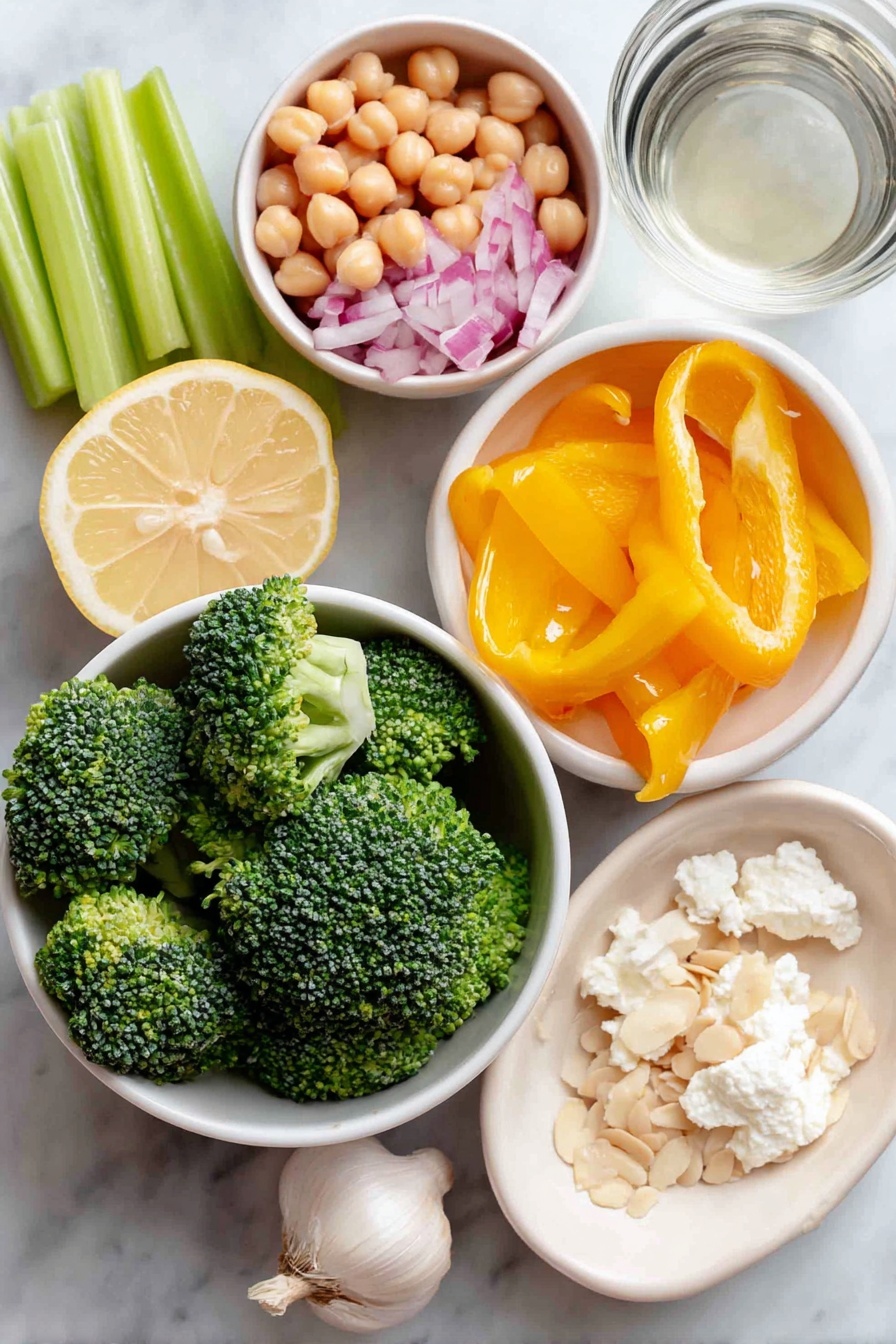 Broccoli and Chickpea Salad with Lemon Tahini, healthy vegan salad recipes, easy veggie chickpea salad, citrus tahini salad, quick plant-based recipes - Flat lay of fresh chopped broccoli florets, a small white bowl of rinsed chickpeas, bright yellow bell pepper pieces, chopped celery stalks, finely chopped red onion, a small white bowl of slivered almonds, crumbled creamy goat cheese, a small white bowl of smooth tahini, a small white bowl with fresh lemon juice, a whole unpeeled garlic clove, and a small white bowl of clear water placed on a clean white marble surface, soft natural light, photo taken with an iPhone, professional food photography style, fresh ingredients, white ceramic bowls, no bottles, no duplicates, no utensils, no packaging --ar 2:3 --v 7 --p m7354615311229779997