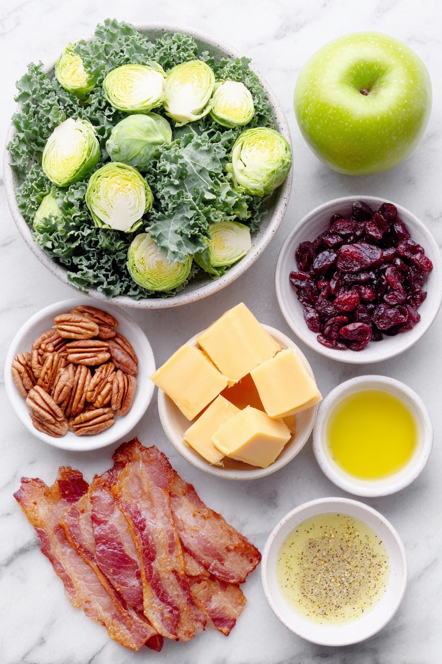 Brussels Sprouts Kale Apple Salad with Bacon, healthy Brussels sprouts salad, easiest kale apple salad, savory bacon apple salad, crunchy Brussels sprouts and kale salad - Flat lay of thinly shaved fresh Brussels sprouts, loosely piled fresh dark green kale leaves sliced into ribbons, a whole bright green Granny Smith apple cut to reveal crisp white interior, roughly chopped toasted pecans, a small pile of deep red dried cranberries, neat cubes of sharp orange cheddar cheese, five cooked crispy bacon strips crumbled, a small minced shallot mound, three small white ceramic bowls containing extra virgin olive oil, apple cider vinegar, and a honey-mustard vinaigrette with visible mustard seeds, all arranged with perfect symmetry and balanced proportions, placed on a clean white marble surface, soft natural light, photo taken with an iPhone, professional food photography style, fresh ingredients, white ceramic bowls, no bottles, no duplicates, no utensils, no packaging --ar 2:3 --v 7 --p m7354615311229779997