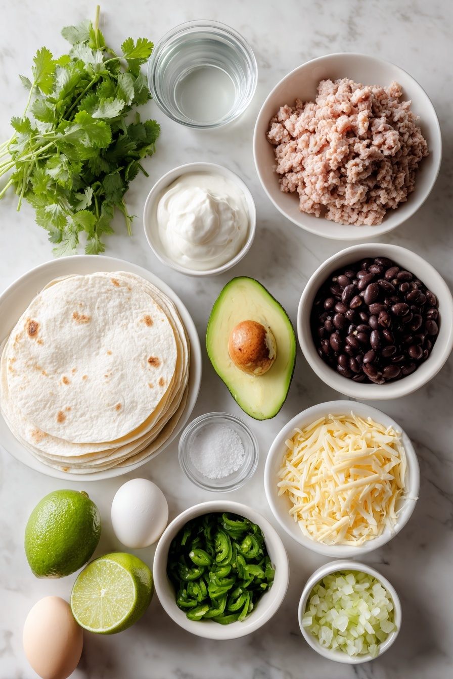 Crispy Ground Turkey Tacos with Avocado Sauce, ground turkey taco recipe, crispy taco recipe, healthy ground turkey tacos, avocado sauce for tacos - Flat lay of a halved ripe avocado with bright green flesh, a small mound of creamy white sour cream in a simple white ceramic bowl, a small white bowl filled with fresh vibrant cilantro leaves, a fresh lime cut in half showing juicy segments, a small white bowl containing fine kosher salt, a small white bowl with clear water, a few whole uncracked brown eggs with smooth shells, a portion of raw lean ground turkey in a neat pile, a small white bowl of finely chopped yellow onion, a small white bowl with shiny black beans, a small white bowl of diced green chiles, a small pile of finely chopped fresh cilantro, six soft white flour tortillas stacked evenly, and a neat mound of shredded Monterey Jack cheese all arranged symmetrically and balanced on a clean white marble surface, soft natural light, photo taken with an iPhone, professional food photography style, fresh ingredients, white ceramic bowls, no bottles, no duplicates, no utensils, no packaging --ar 2:3 --v 7 --p m7354615311229779997