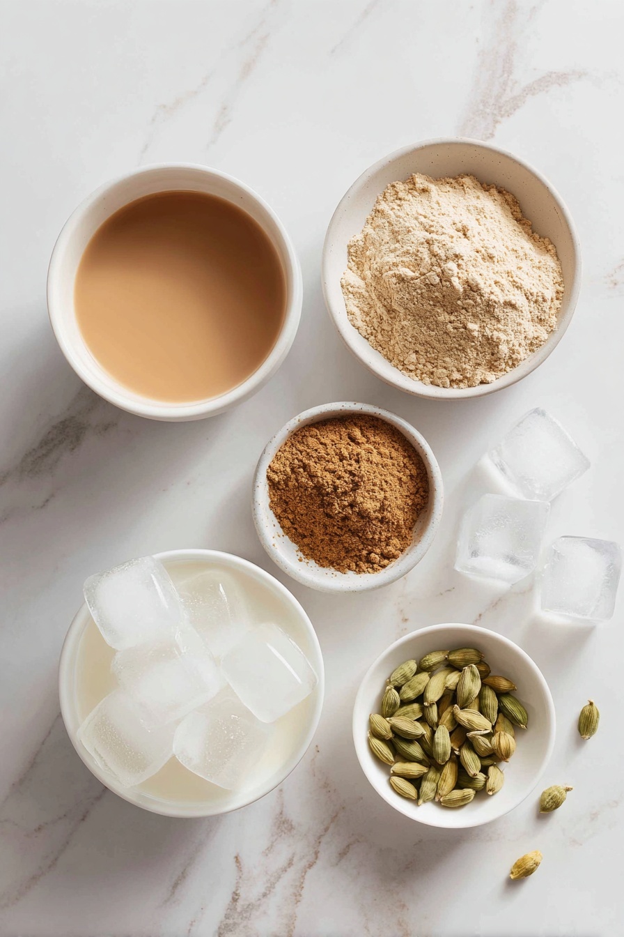 Vanilla Chai Protein Shake, chai protein shake, healthy protein smoothie, quick breakfast shake, warming spice protein drink - Flat lay of a small mound of smooth vanilla protein powder, a simple white ceramic bowl filled with amber chai tea, a small white bowl with warm brown ground nutmeg, another small white bowl containing light green whole cardamom pods, a white ceramic bowl with creamy unsweetened almond milk, and a cluster of clear ice cubes neatly arranged—each ingredient fresh and natural, perfectly spaced and balanced, placed on a clean white marble surface, soft natural light, photo taken with an iPhone, professional food photography style, fresh ingredients, white ceramic bowls, no bottles, no duplicates, no utensils, no packaging --ar 2:3 --v 7 --p m7354615311229779997