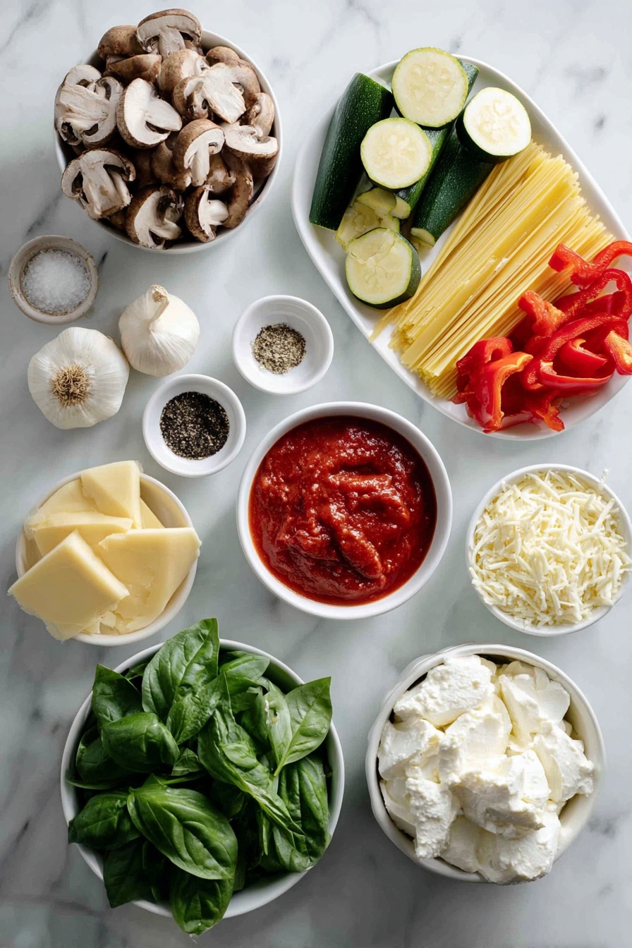 Vegetarian Roasted Vegetable Lasagna, vegetarian lasagna recipe, roasted vegetable lasagna, hearty veggie lasagna, meat-free lasagna - Flat lay of extra-virgin olive oil in a small white bowl, quartered fresh cremini mushrooms, a red bell pepper cut into 1-inch pieces, medium zucchini cut into half-inch pieces, half a yellow onion cut into half-inch pieces, a few pinches of sea salt and freshly ground black pepper in small white bowls, uncooked whole lasagna noodles, a small white bowl filled with vibrant red marinara sauce, fresh green spinach leaves, grated low-moisture part-skim mozzarella cheese mounded on a simple white ceramic plate, grated pecorino cheese in a small white bowl, a white ceramic bowl with whole milk ricotta cheese, three whole uncracked garlic cloves, fresh lemon zest scattered lightly on the side, fresh basil leaves arranged neatly on a white plate, all placed on a clean white marble surface, soft natural light, photo taken with an iPhone, professional food photography style, fresh ingredients, white ceramic bowls, no bottles, no duplicates, no utensils, no packaging --ar 2:3 --v 7 --p m7354615311229779997