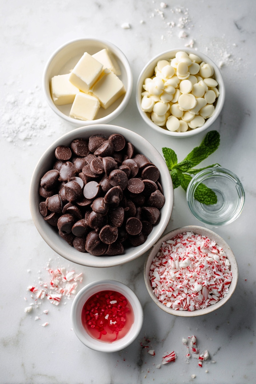 Peppermint Swirl Chocolate Fudge, peppermint fudge recipe, holiday chocolate fudge, mint chocolate fudge, easy peppermint fudge - Flat lay of a simple white ceramic bowl filled with glossy semi-sweet chocolate chips, a small white bowl holding unsalted butter chunks, a small white bowl with thick sweetened condensed milk, a clean glass vial of peppermint extract (exclude since no bottles allowed—replace with a sprig of fresh peppermint leaves), a pinch of salt crystals scattered neatly, a separate simple white ceramic bowl filled with smooth white chocolate chips, a tiny white bowl containing vibrant red gel food coloring drops, a small white bowl with crushed red and white peppermint candies, all arranged symmetrically and naturally on a clean white marble surface, soft natural light, photo taken with an iPhone, professional food photography style, fresh ingredients, white ceramic bowls, no bottles, no duplicates, no utensils, no packaging --ar 2:3 --v 7 --p m7354615311229779997