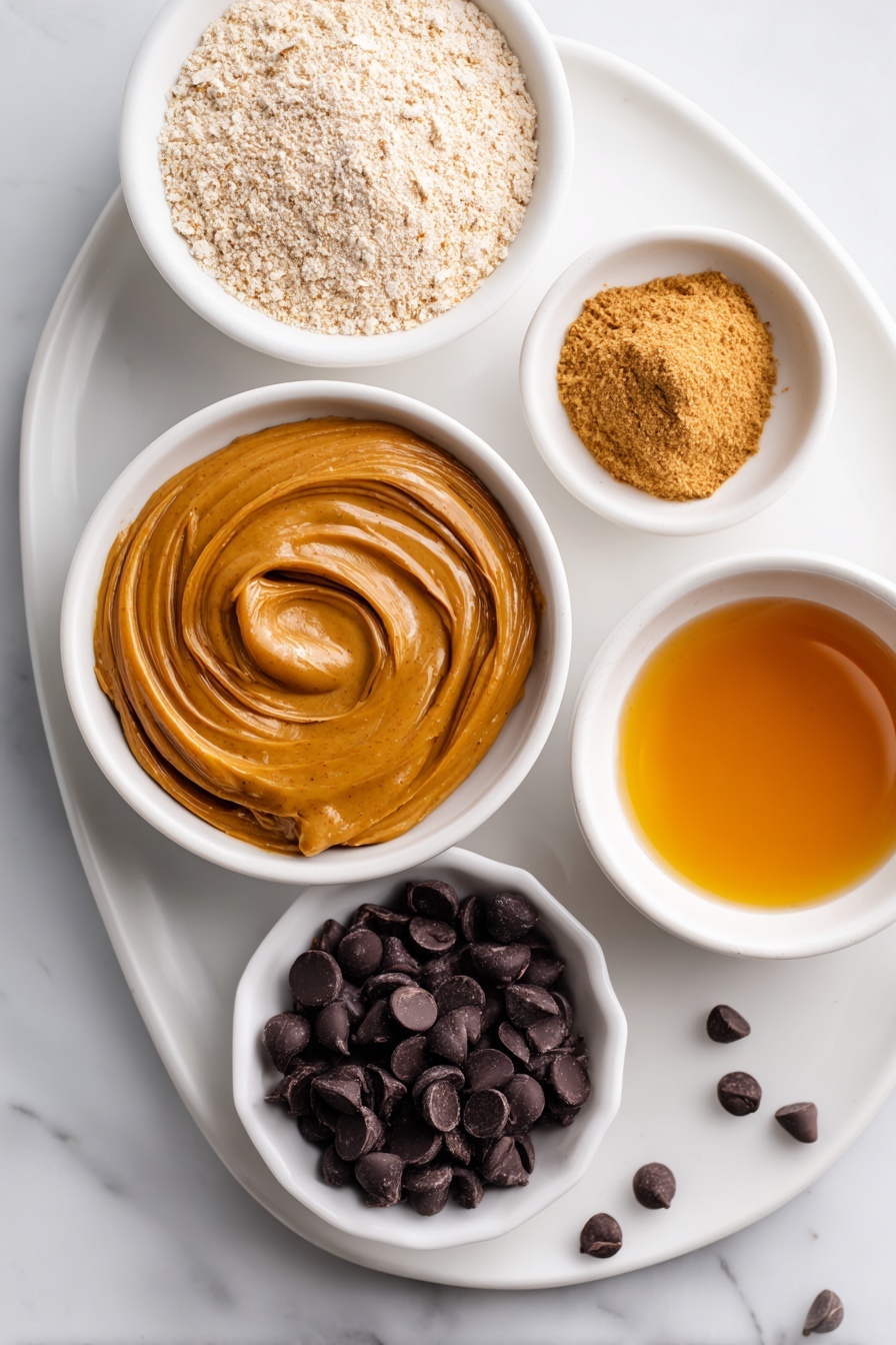 No Bake Peanut Butter Oat Cups, no bake energy bites, healthy no bake snacks, quick breakfast treats, peanut butter oat energy bites - Flat lay of a smooth swirl of natural peanut butter on a white ceramic plate, a small mound of finely ground oat flour in a white bowl, a small white bowl filled with golden maple syrup, a neat pile of shiny dark chocolate chips on a white dish, a small white bowl containing melted coconut oil, placed on a clean white marble surface, soft natural light, photo taken with an iPhone, professional food photography style, fresh ingredients, white ceramic bowls, no bottles, no duplicates, no utensils, no packaging --ar 2:3 --v 7 --p m7354615311229779997