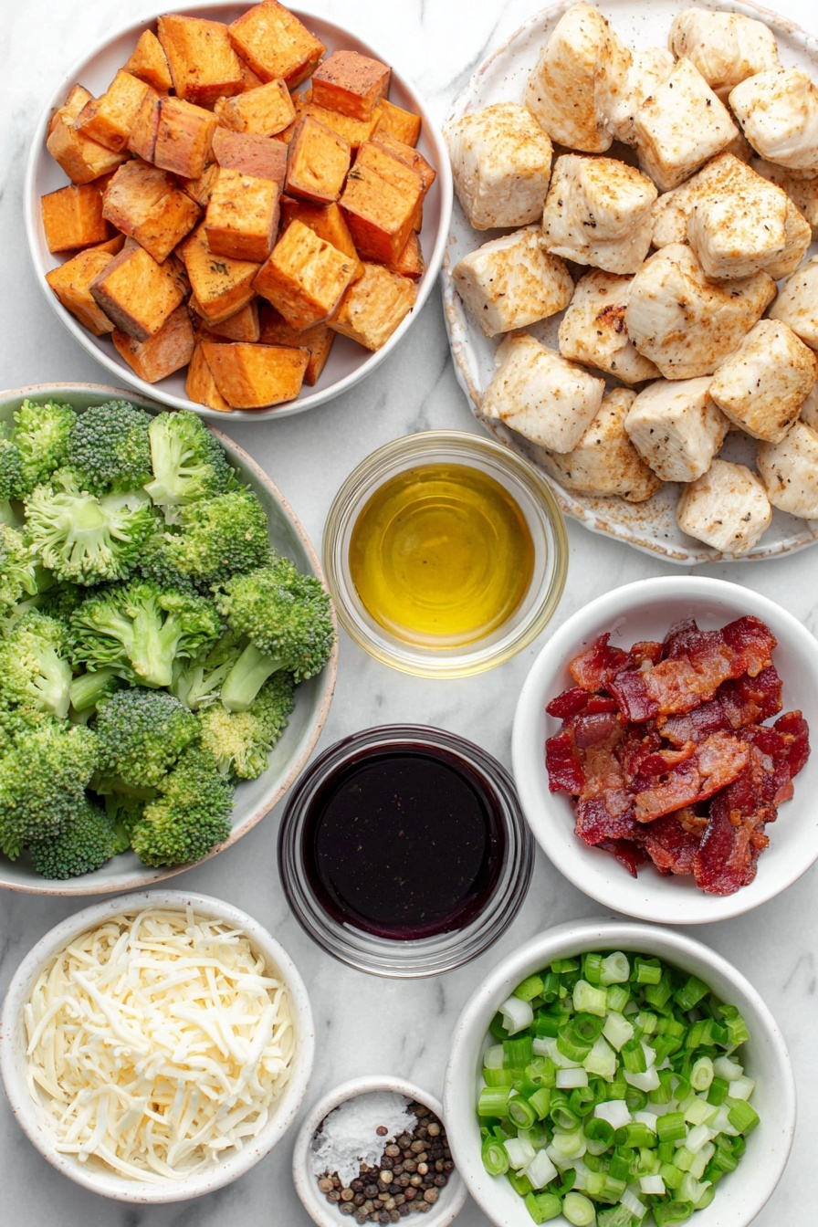 Buffalo Chicken Sweet Potato Casserole, spicy chicken sweet potato bake, healthy buffalo chicken casserole, easy sweet potato casserole, baked buffalo chicken dinner - Flat lay of boneless chicken breasts cut into cubes, medium sweet potatoes with skin on cut into small cubes, fresh broccoli florets, small white bowl of bright orange buffalo sauce, small white bowl of golden avocado oil, small white bowl of coarse salt, small white bowl of black peppercorns, small white bowl of garlic powder, small white bowl of shredded cheddar cheese, small white bowl of chopped green onions, small white bowl of cooked turkey bacon pieces, small white bowl with a drizzle of creamy ranch dressing, all ingredients arranged in perfect symmetry on simple white ceramic dishes placed on a clean white marble surface, soft natural light, photo taken with an iPhone, professional food photography style, fresh ingredients, white ceramic bowls, no bottles, no duplicates, no utensils, no packaging --ar 2:3 --v 7 --p m7354615311229779997