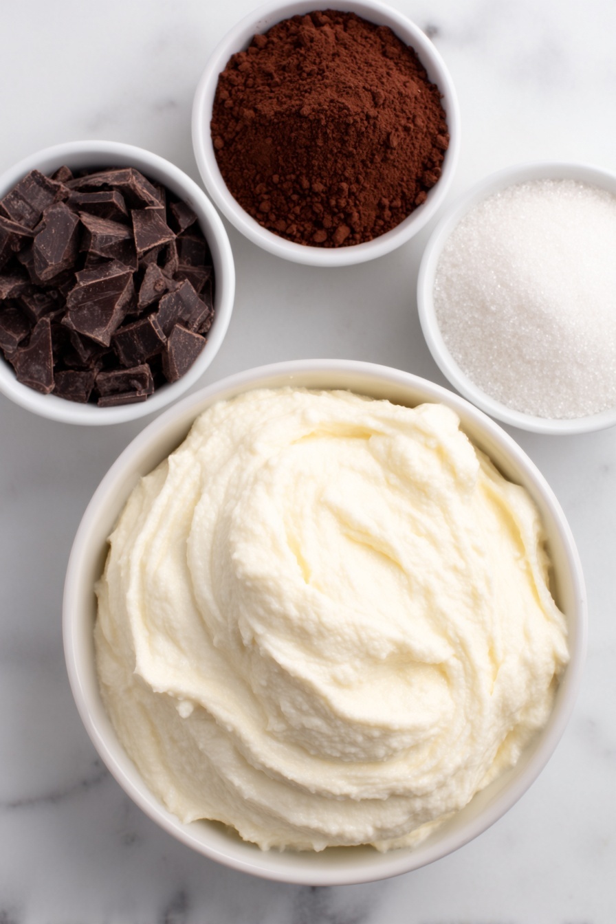 Chocolate Protein Fluff, healthy chocolate dessert, high-protein snacks, quick protein dessert, fluffy chocolate treat - Flat lay of a large white ceramic bowl filled with smooth creamy vanilla Greek yogurt, a small white bowl of rich dark chocolate protein powder, a small white bowl of fine unsweetened cocoa powder, a small white bowl containing granulated sugar, all ingredients fresh and natural, placed on a clean white marble surface, soft natural light, photo taken with an iPhone, professional food photography style, fresh ingredients, white ceramic bowls, no bottles, no duplicates, no utensils, no packaging --ar 2:3 --v 7 --p m7354615311229779997