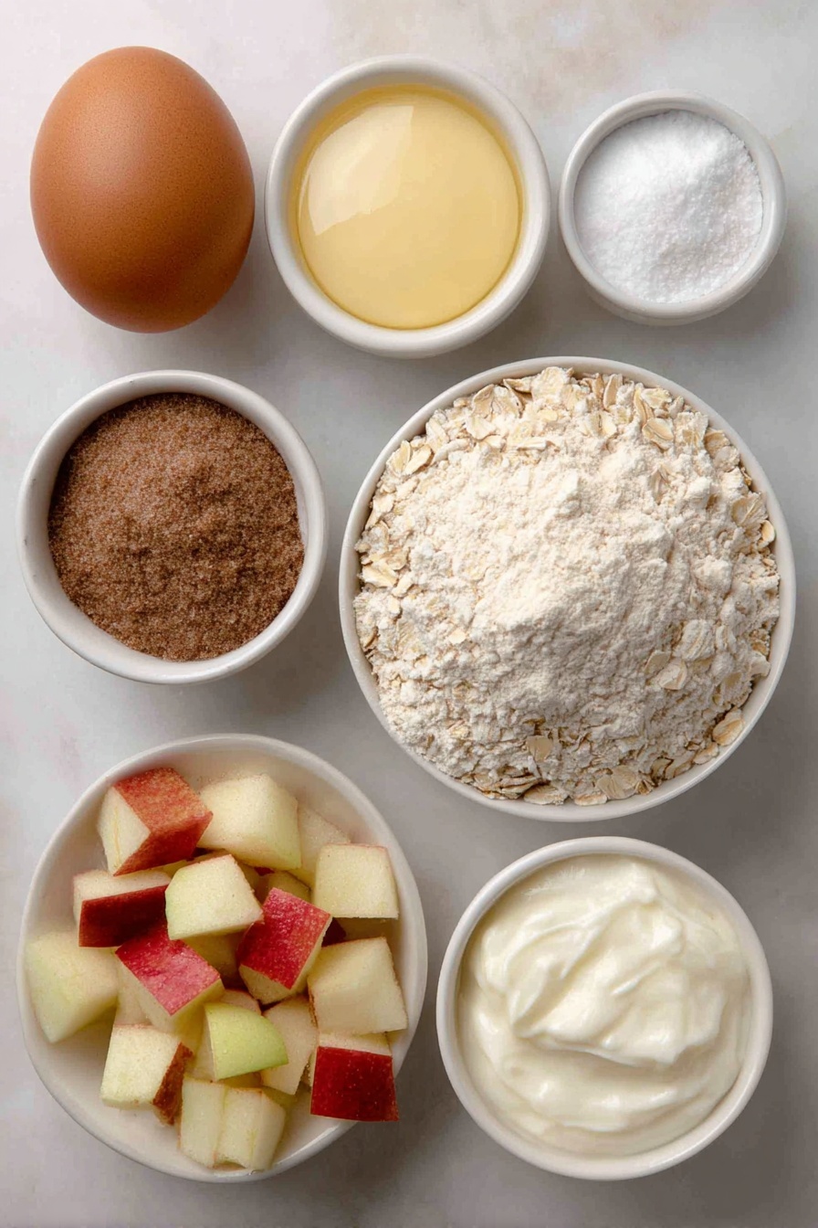 Healthy Apple Cinnamon Greek Yogurt Muffins, apple cinnamon muffin recipe, healthy breakfast muffins, Greek yogurt muffin ideas, quick nutritious muffins - Flat lay of a small mound of all-purpose flour, a neat pile of rolled oats, a small white ceramic bowl filled with creamy Greek yogurt, a small white ceramic bowl with fine white sugar, a small white ceramic bowl holding smooth apple sauce, one large whole uncracked brown egg, a small white ceramic bowl containing ground cinnamon, a small white ceramic bowl with baking powder, a small white ceramic bowl with baking soda, a small white ceramic bowl with coarse salt, a small pile of fresh diced red and green apple pieces all arranged with perfect symmetry on a clean white marble surface, soft natural light, photo taken with an iPhone, professional food photography style, fresh ingredients, white ceramic bowls, no bottles, no duplicates, no utensils, no packaging --ar 2:3 --v 7 --p m7354615311229779997