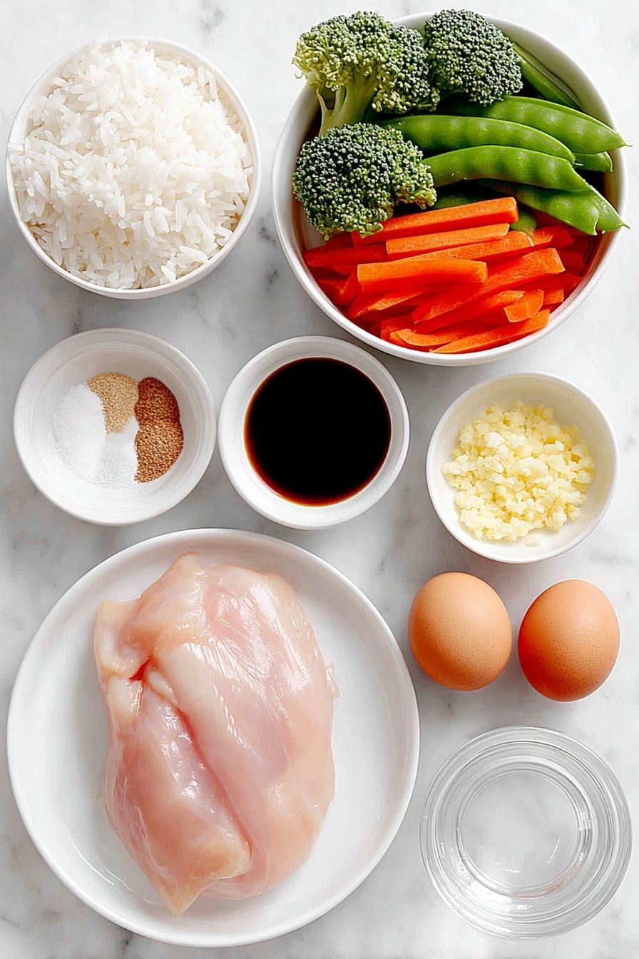 Teriyaki Chicken Casserole, easy chicken casserole, healthy chicken bake, weeknight dinner ideas, savory casserole recipes - Flat lay of a plump raw boneless skinless chicken breast, a handful of fresh stir-fry vegetables including bright green broccoli florets, thin orange carrot sticks, and crisp snow peas, a small mound of fluffy cooked white rice on a simple white ceramic plate, a small white bowl of dark soy sauce, a small white bowl of light brown granulated brown sugar, a small white bowl of clear water, a small white bowl containing pale yellow cornstarch powder, a small white bowl holding finely minced fresh garlic, a small white bowl with ground light brown ginger powder, and two whole uncracked brown eggs arranged symmetrically on a clean white marble surface, soft natural light, photo taken with an iPhone, professional food photography style, fresh ingredients, white ceramic bowls, no bottles, no duplicates, no utensils, no packaging --ar 2:3 --v 7 --p m7354615311229779997