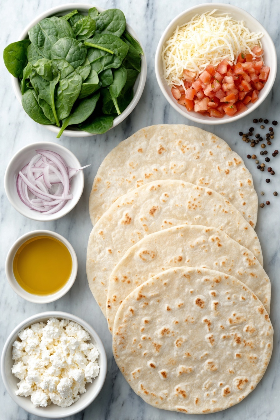 Mediterranean Spinach Feta Quesadillas, Mediterranean Quesadillas, Spinach and Feta Quesadillas, Easy Mediterranean Breakfast, Quick Spinach Feta Dinner - Flat lay of four whole unbroken flour tortillas, a small pile of fresh chopped spinach leaves, a small white ceramic bowl with shredded mozzarella cheese, a small white ceramic bowl with crumbled feta cheese, a small white ceramic bowl filled with diced fresh tomato, a small white ceramic bowl with thinly sliced red onion rings, a small white ceramic bowl holding golden olive oil, and a few whole black peppercorns scattered neatly, all arranged in perfect symmetry on a clean white marble surface, soft natural light, photo taken with an iPhone, professional food photography style, fresh ingredients, white ceramic bowls, no bottles, no duplicates, no utensils, no packaging --ar 2:3 --v 7 --p m7354615311229779997