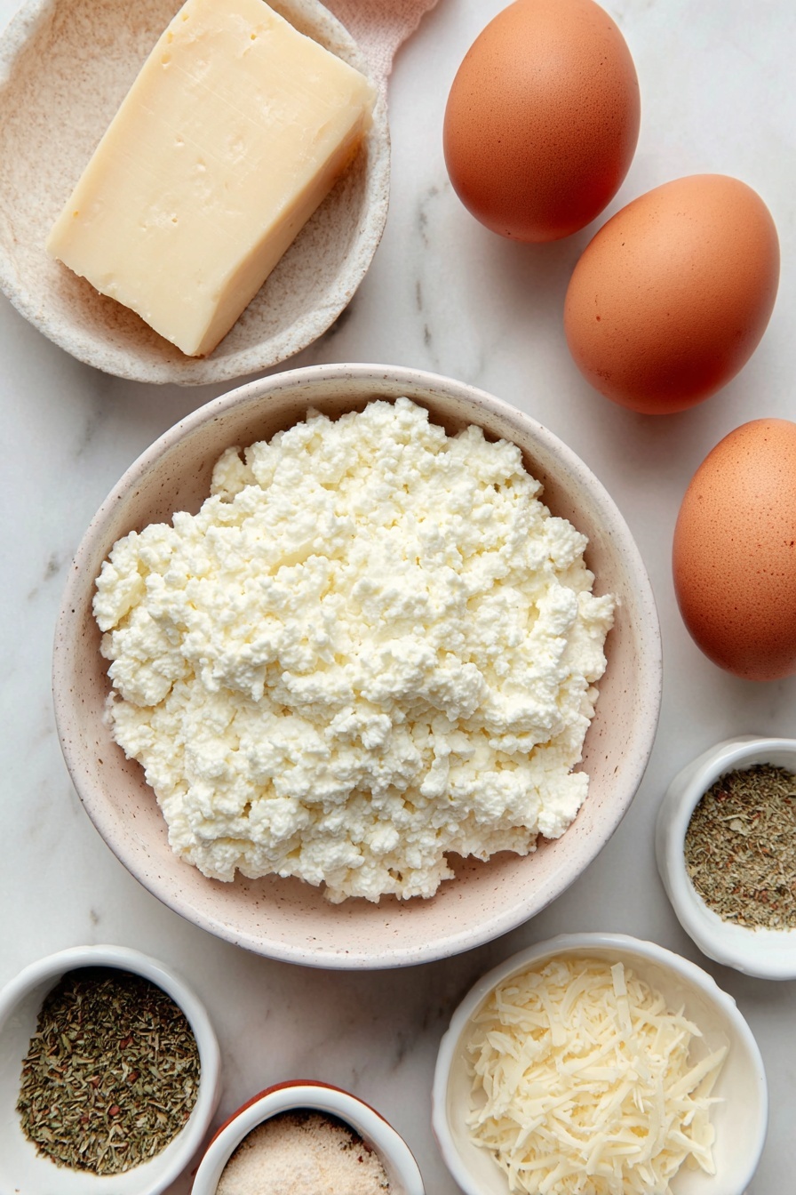Cottage Cheese Wrap, healthy wrap recipes, protein-packed lunch ideas, cheesy wrap recipes, quick veggie wraps - Flat lay of a small white ceramic bowl filled with fresh full-fat cottage cheese, two large whole uncracked brown eggs, a small white bowl containing finely grated Parmesan cheese, a small white bowl with pale yellow garlic powder, and a small white bowl holding mixed dried Italian seasoning herbs, all arranged with perfect symmetry and realistic proportions, placed on a clean white marble surface, soft natural light, photo taken with an iPhone, professional food photography style, fresh ingredients, white ceramic bowls, no bottles, no duplicates, no utensils, no packaging --ar 2:3 --v 7 --p m7354615311229779997