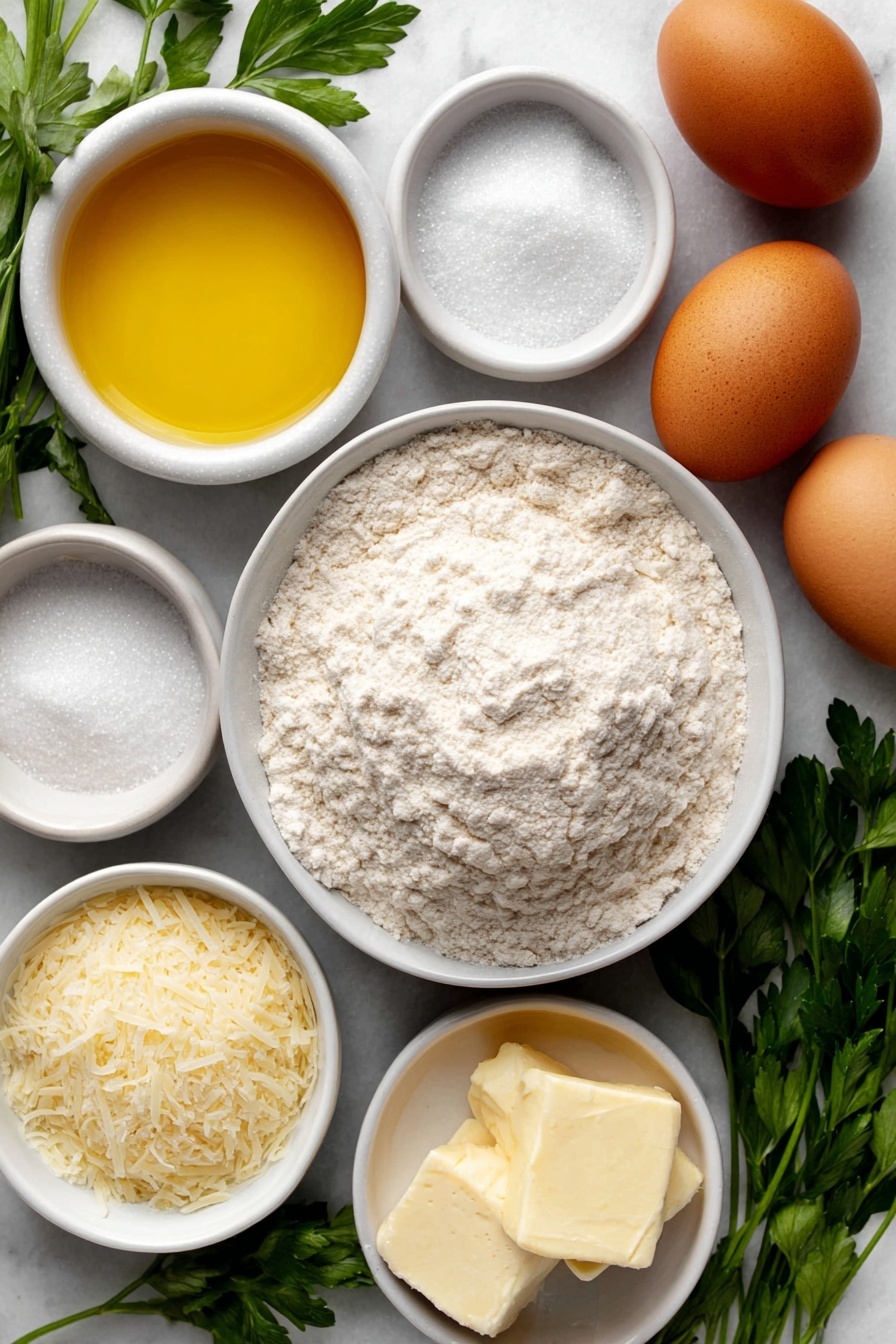 Garlic Parmesan Dinner Rolls, easy cheesy garlic bread rolls, fluffy garlic butter dinner rolls, quick homemade dinner rolls, buttery garlic bread rolls - Flat lay of a small white ceramic bowl of warm water, a small white ceramic bowl of granulated sugar, a small white ceramic bowl of instant yeast, a small white ceramic bowl of canola oil, a small white ceramic bowl of salt, one large whole uncracked brown egg, a small white ceramic bowl of all-purpose flour, a small white ceramic bowl of melted butter, a small white ceramic bowl of granulated garlic, a small white ceramic bowl of shredded parmesan cheese, and a few fresh sprigs of parsley arranged symmetrically and balanced, placed on a clean white marble surface, soft natural light, photo taken with an iPhone, professional food photography style, fresh ingredients, white ceramic bowls, no bottles, no duplicates, no utensils, no packaging --ar 2:3 --v 7 --p m7354615311229779997