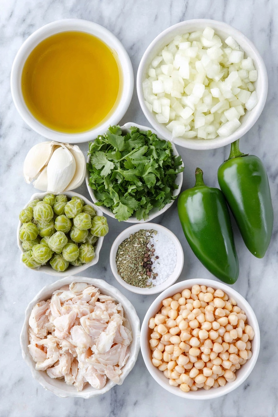 Chicken Pozole Verde Soup, Mexican Chicken Pozole Verde, Green Pozole Soup, Healthy Mexican Pozole, Hominy Chicken Soup - Flat lay of a small pool of golden olive oil in a simple white ceramic bowl, one large peeled and chopped white onion, one fresh green jalapeño pepper, two dark green poblano peppers, six cloves of garlic, peeled and whole, a small pile of bright green quartered tomatillos with papery husks removed, a small handful of fresh cilantro sprigs with leaves and tender stems, two teaspoons of dried oregano in a white ceramic bowl, two teaspoons of ground cumin in a white ceramic bowl, one teaspoon of ground coriander in a white ceramic bowl, one single fresh bay leaf, a small white bowl filled with coarse salt crystals, two skinless, boneless raw chicken thighs, one small white ceramic bowl of drained and rinsed hominy kernels, and a few whole black peppercorns scattered tastefully, all arranged symmetrically in balanced proportions on a clean white marble surface, soft natural light, photo taken with an iPhone, professional food photography style, fresh ingredients, white ceramic bowls, no bottles, no duplicates, no utensils, no packaging --ar 2:3 --v 7 --p m7354615311229779997