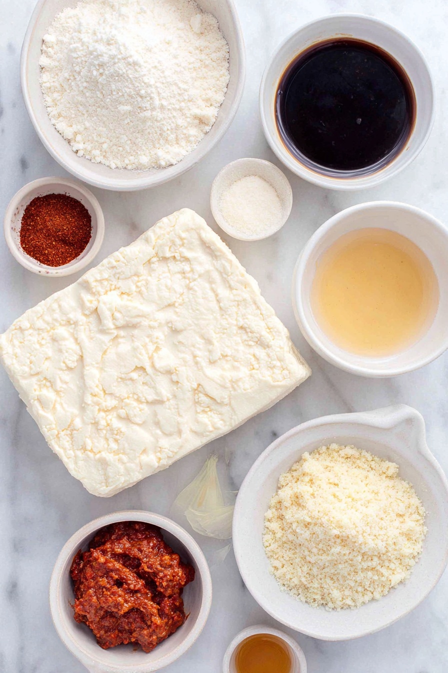 Crispy Gochujang Korean Tofu, Korean tofu with gochujang, spicy Korean tofu, vegan crispy tofu, easy Korean tofu recipe - Flat lay of a fresh block of extra firm tofu, a small white bowl of dark tamari soy sauce, a small white bowl of pale cornstarch powder, a small white bowl filled with light golden gluten free breadcrumbs, a small white bowl of vibrant red gochujang chili paste, a small white bowl of deep red tomato paste, a small white bowl of clear vegetable broth, a small white bowl of golden honey, a small white bowl of toasted sesame oil, a small white bowl of translucent rice vinegar, a small white bowl of minced fresh garlic, a small white bowl of grated fresh ginger, a small white bowl with a white mixture of cornstarch and water, placed on a clean white marble surface, soft natural light, photo taken with an iPhone, professional food photography style, fresh ingredients, white ceramic bowls, no bottles, no duplicates, no utensils, no packaging --ar 2:3 --v 7 --p m7354615311229779997