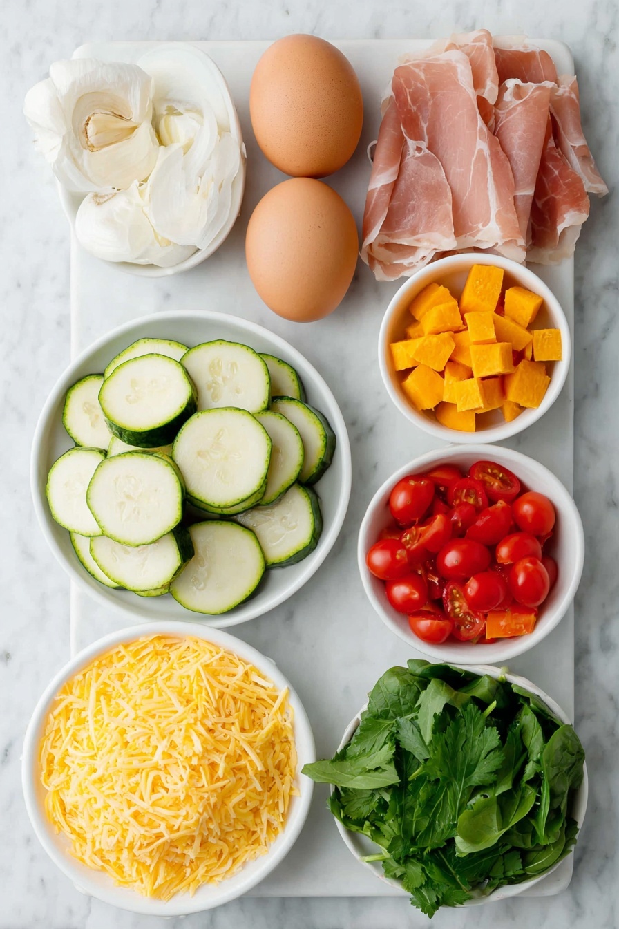 Vegetable Frittata, easy vegetable frittata, healthy vegetable frittata, quick veggie frittata, customizable frittata - Flat lay of two whole brown eggs with smooth shells, a small white ceramic bowl of fresh whole milk, a few sprigs of bright green fresh parsley, a small white bowl filled with shredded sharp orange cheddar cheese, one peeled garlic bulb with two cloves separated, half of a small red onion with neatly sliced rings visible, a small pile of chopped sweet potato cubes with vibrant orange color, evenly sliced light green zucchini rounds, several chopped pieces of glossy red bell pepper, a handful of roughly chopped fresh dark green spinach leaves, a small white bowl with halved ripe cherry tomatoes showing a bright red interior, a few pale quartered artichoke hearts, and four thin slices of rosy pink prosciutto all arranged symmetrically on simple white ceramic dishes and bowls, placed on a clean white marble surface, soft natural light, photo taken with an iPhone, professional food photography style, fresh ingredients, white ceramic bowls, no bottles, no duplicates, no utensils, no packaging --ar 2:3 --v 7 --p m7354615311229779997