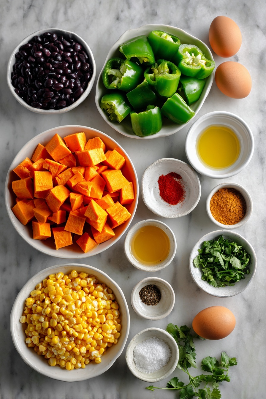 Black Bean Sweet Potato Tacos, Healthy Vegetarian Tacos, Easy Vegan Taco Recipes, Plant-Based Dinner Ideas, Flavorful Taco Recipes - Flat lay of fresh cubed sweet potatoes, two medium green bell peppers cut into chunks, one medium red bell pepper cut into chunks, a small white ceramic bowl of rinsed black beans, a small white ceramic bowl of thawed yellow corn kernels, a small white ceramic bowl with a golden honey drizzle, a small white ceramic bowl of fresh chopped cilantro, a small white ceramic bowl of bright lime juice, a small white ceramic bowl of ground cumin, a small white ceramic bowl of paprika, a small white ceramic bowl of garlic powder, a small white ceramic bowl of onion powder, a small white ceramic bowl of ground coriander, a small white ceramic bowl of sea salt, a small white ceramic bowl of black pepper, two tablespoons of golden olive oil in a small white ceramic bowl, and two uncracked brown eggs arranged symmetrically, placed on a clean white marble surface, soft natural light, photo taken with an iPhone, professional food photography style, fresh ingredients, white ceramic bowls, no bottles, no duplicates, no utensils, no packaging --ar 2:3 --v 7 --p m7354615311229779997