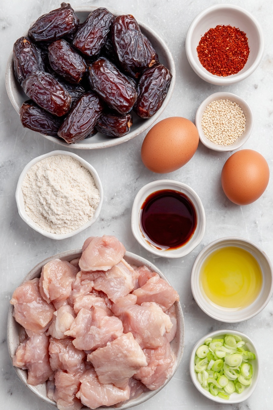 Paleo Sesame Chicken, healthy Paleo chicken recipes, Whole30 sesame chicken, gluten-free sesame chicken, easy Paleo chicken dinner - Flat lay of warm water in a small white bowl, five plump medjool dates, a small white bowl of coconut aminos, a small white bowl of rice vinegar, a small white bowl with arrowroot flour, a small white bowl of sesame oil, a small white bowl with garlic powder, a small white bowl with red pepper flakes, raw boneless skinless chicken thighs cut into bite-sized pieces, a small white bowl filled with tapioca flour mixed with salt and black pepper, two whole brown eggs with clean shells, a small white bowl of avocado oil, a small white bowl of sesame seeds, thinly sliced fresh scallions scattered neatly nearby, all arranged with perfect symmetry on a clean white marble surface, soft natural light, photo taken with an iPhone, professional food photography style, fresh ingredients, white ceramic bowls, no bottles, no duplicates, no utensils, no packaging --ar 2:3 --v 7 --p m7354615311229779997