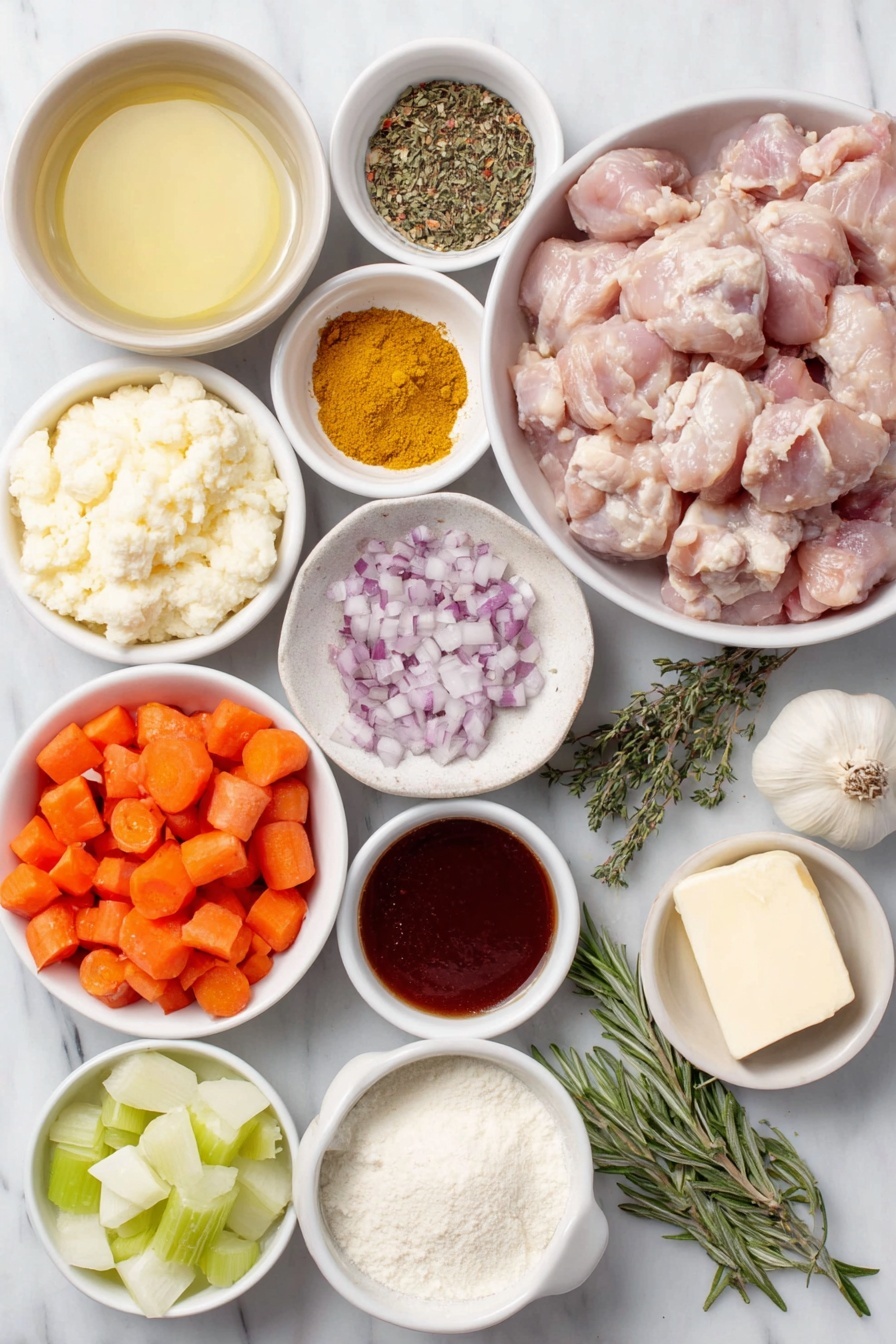 Creamy Chicken and Rice Soup, Chicken and Rice Soup, Comforting Chicken Soup, Easy Creamy Soup Recipes, Hearty Chicken and Rice Meal - Flat lay of boneless, skinless chicken thighs cut into bite-sized pieces in a simple white ceramic bowl, a small mound of kosher salt crystals on a white ceramic dish, a small white ceramic bowl with Italian seasoning blend, a small white ceramic bowl containing bright yellow mustard powder, a small white ceramic bowl filled with deep red paprika, a small white ceramic bowl with crushed red chili flakes, a few tablespoons of unsalted butter on a white ceramic plate, a medium yellow onion halved and diced on a white ceramic dish, three peeled and diced large carrots arranged neatly on a white ceramic plate, three stalks of fresh celery diced on a white ceramic dish, four whole fresh garlic cloves unpeeled on a white ceramic plate, fresh thyme sprigs, fresh rosemary sprigs both placed side by side on a white ceramic dish, a small heap of all-purpose flour on a white ceramic plate, a small white ceramic bowl filled with clear chicken broth, a small white ceramic bowl with creamy half and half, a small white ceramic bowl with dark soy sauce, a small white ceramic bowl with bright red hot sauce, a small pile of uncooked long grain white rice on a white ceramic plate, a wedge of Parmesan cheese with a small mound of cracked black peppercorns and fresh sprigs of parsley arranged gracefully on a white ceramic plate, all placed on a clean white marble surface, soft natural light, photo taken with an iPhone, professional food photography style, fresh ingredients, white ceramic bowls, no bottles, no duplicates, no utensils, no packaging --ar 2:3 --v 7 --p m7354615311229779997