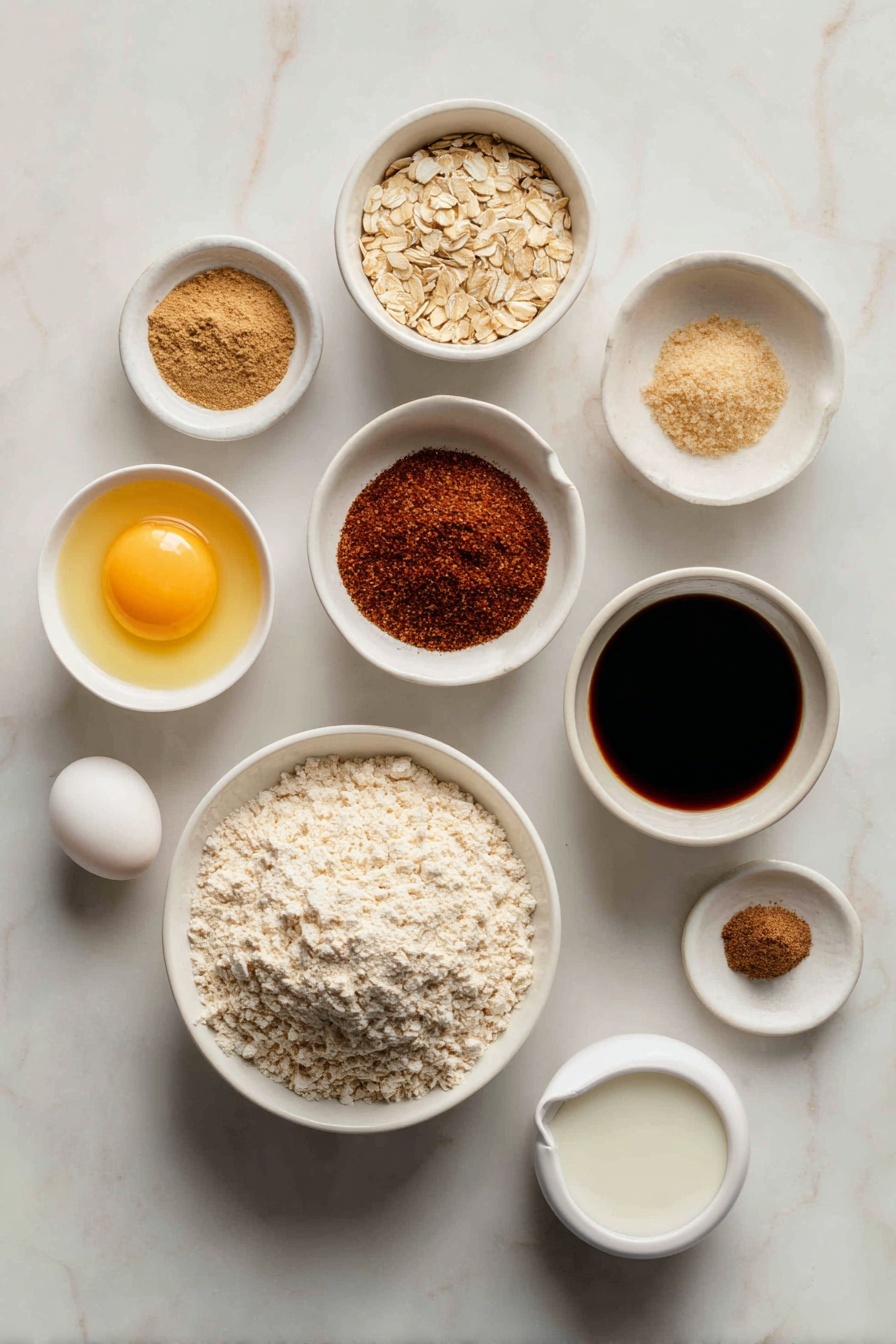 Healthy Gingerbread Oatmeal Cookies, Healthy Gingerbread Cookies, Gingerbread Spiced Oatmeal Cookies, Low-Sugar Gingerbread Cookies, Whole Grain Gingerbread Cookies - Flat lay of a small pile of light tan instant oats, a mound of whole wheat flour with a slightly coarse texture, a neatly arranged selection of ground spices including ginger, cinnamon, nutmeg, and cloves in tiny white ceramic bowls, a small white bowl with melted golden butter, one large whole egg with a clean shell, a small white bowl of dark glossy molasses, a small white bowl of fresh white nonfat milk, all placed symmetrically on a clean white marble surface, soft natural light, photo taken with an iPhone, professional food photography style, fresh ingredients, white ceramic bowls, no bottles, no duplicates, no utensils, no packaging --ar 2:3 --v 7 --p m7354615311229779997
