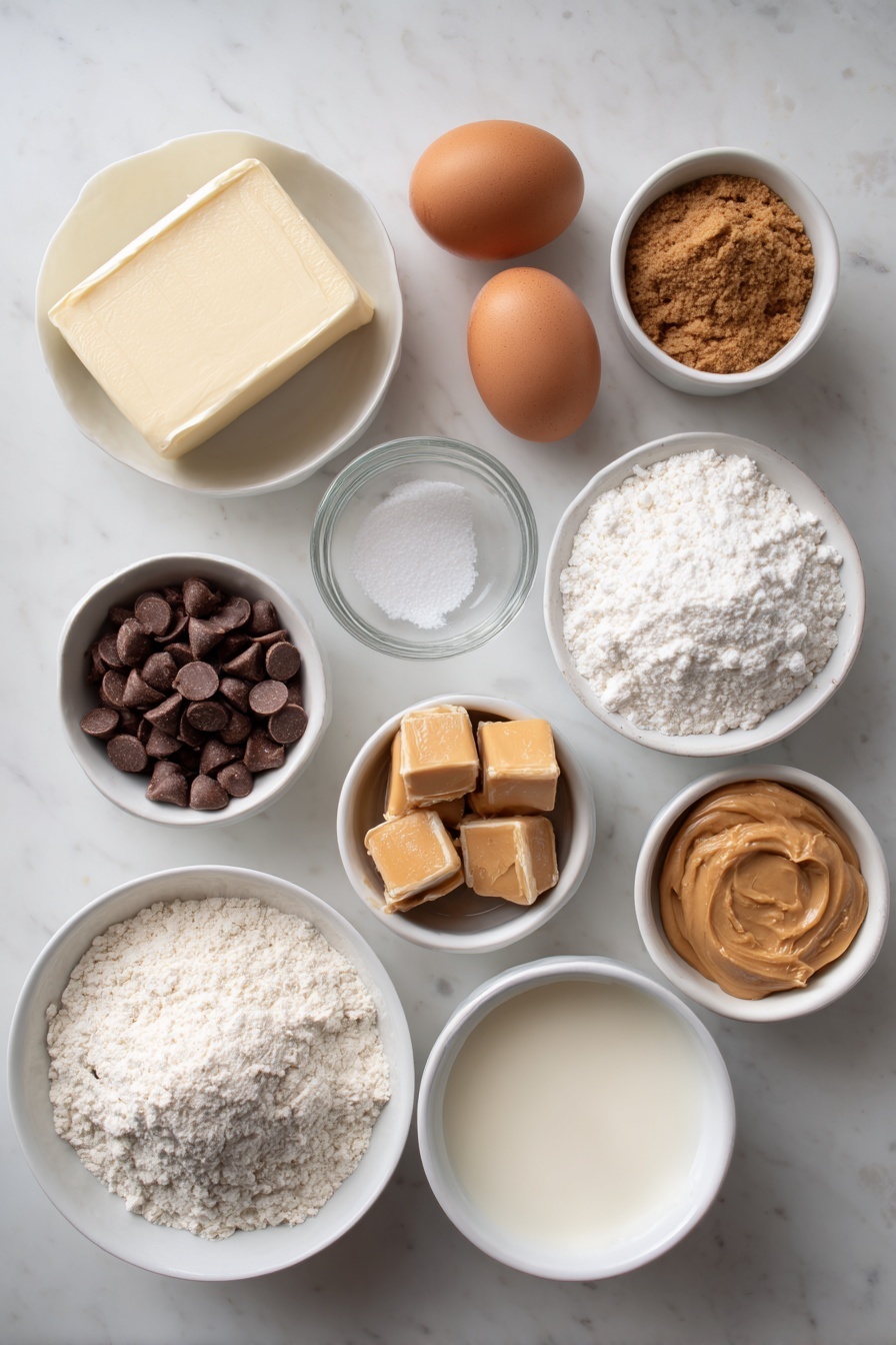 Better Than Anything Chocolate Caramel Bars, chocolate caramel bars, homemade caramel bars, peanut butter chocolate dessert, easy chocolate caramel recipe - Flat lay of a stick of softened butter, a small mound of packed brown sugar, a small mound of white granulated sugar, two whole uncracked brown eggs, a small white bowl of clear vanilla extract, a small heap of all-purpose flour, a small pile of baking soda powder, a small pile of salt, a small white bowl filled with milk chocolate chips, a small white bowl of unwrapped golden caramel chews, a small white bowl of pale creamy evaporated milk, a small white bowl of smooth light brown peanut butter, all arranged with perfect symmetry on a clean white marble surface, soft natural light, photo taken with an iPhone, professional food photography style, fresh ingredients, white ceramic bowls, no bottles, no duplicates, no utensils, no packaging --ar 2:3 --v 7 --p m7354615311229779997