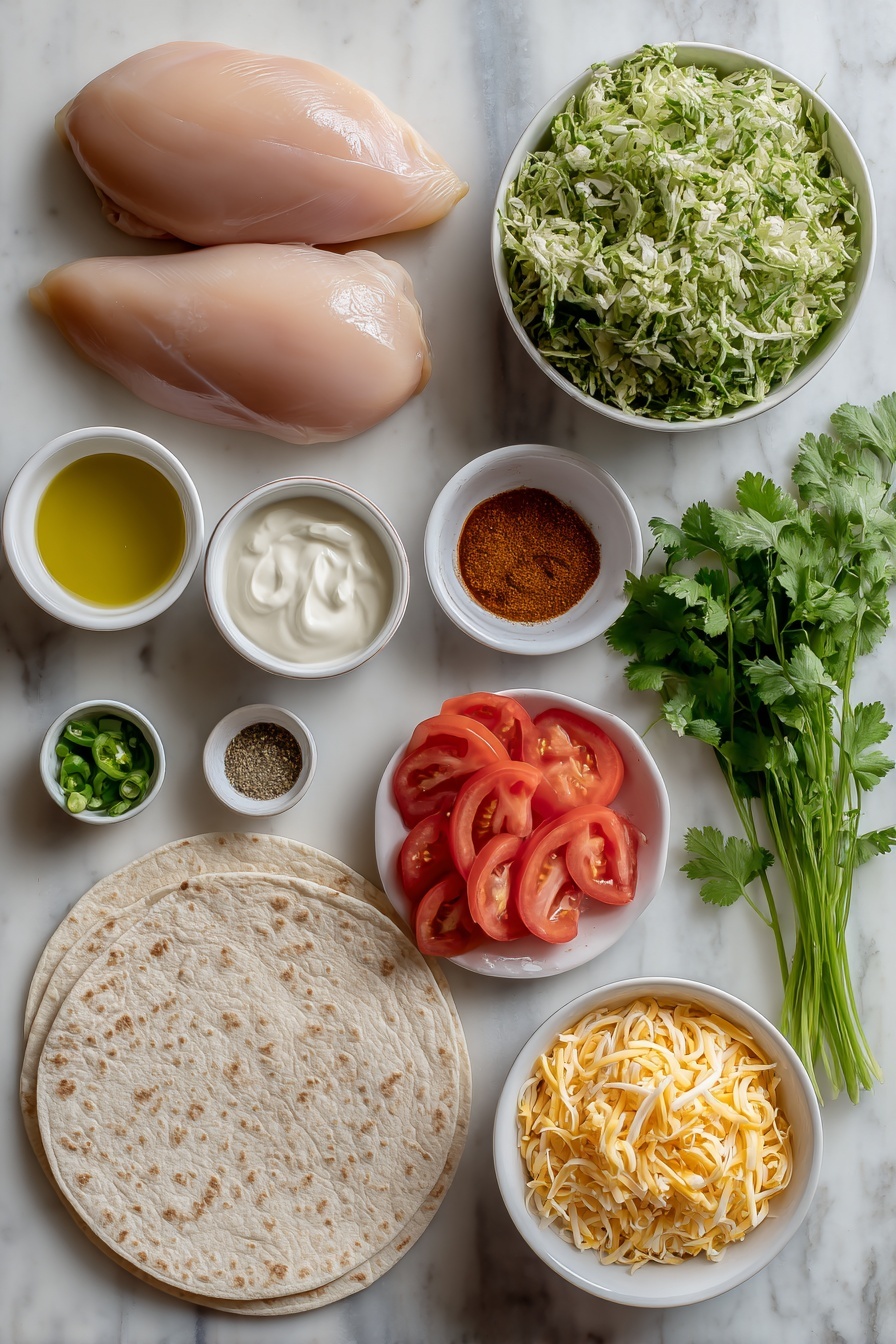 BBQ Chicken Wraps with Greek Yogurt, grilled chicken wraps, healthy chicken wraps, easy BBQ wraps, savory Greek yogurt wraps - Flat lay of two whole boneless skinless chicken breasts, a small white bowl of olive oil, a small white bowl containing mixed paprika, onion powder, garlic powder, oregano, and cayenne pepper, two whole large whole wheat tortillas, a small white bowl of plain Greek yogurt, a small white bowl of BBQ sauce, a pile of fresh broccoli slaw mix, a few sprigs of fresh cilantro, a few stalks of green onion finely sliced, a small white bowl of shredded cheddar cheese, chopped romaine lettuce leaves, and six fresh tomato slices, all arranged with perfect symmetry on a clean white marble surface, soft natural light, photo taken with an iPhone, professional food photography style, fresh ingredients, white ceramic bowls, no bottles, no duplicates, no utensils, no packaging --ar 2:3 --v 7 --p m7354615311229779997